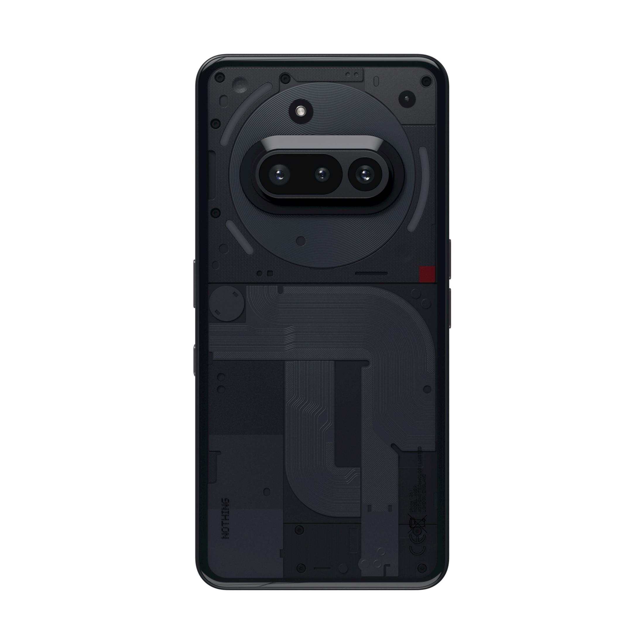 Rückseite eines schwarzen Smartphones mit transparentem Gehäuse und sichtbaren Komponenten.