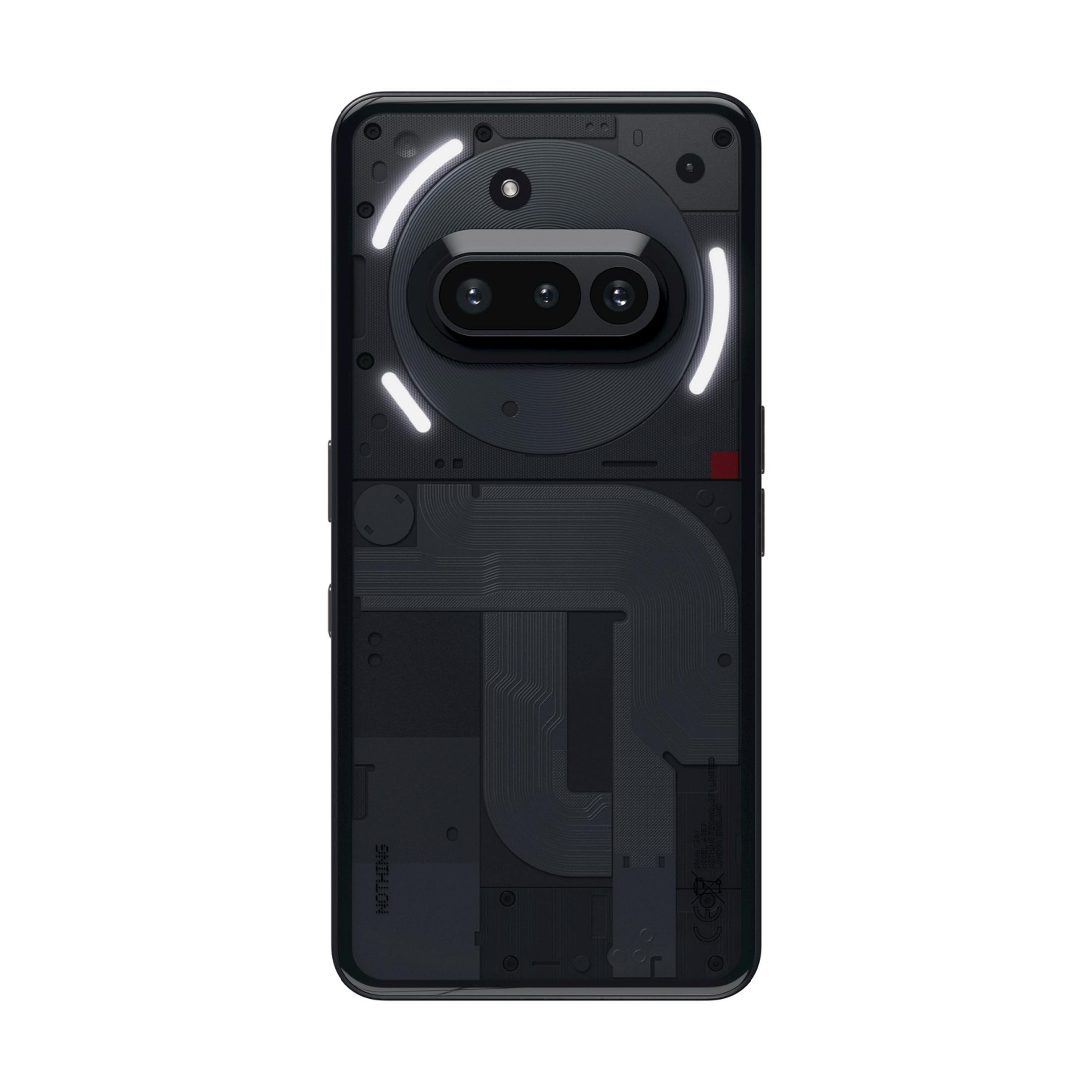 Rückseite eines schwarzen Smartphones mit transparentem Gehäuse, sichtbaren Komponenten und Lichtern.