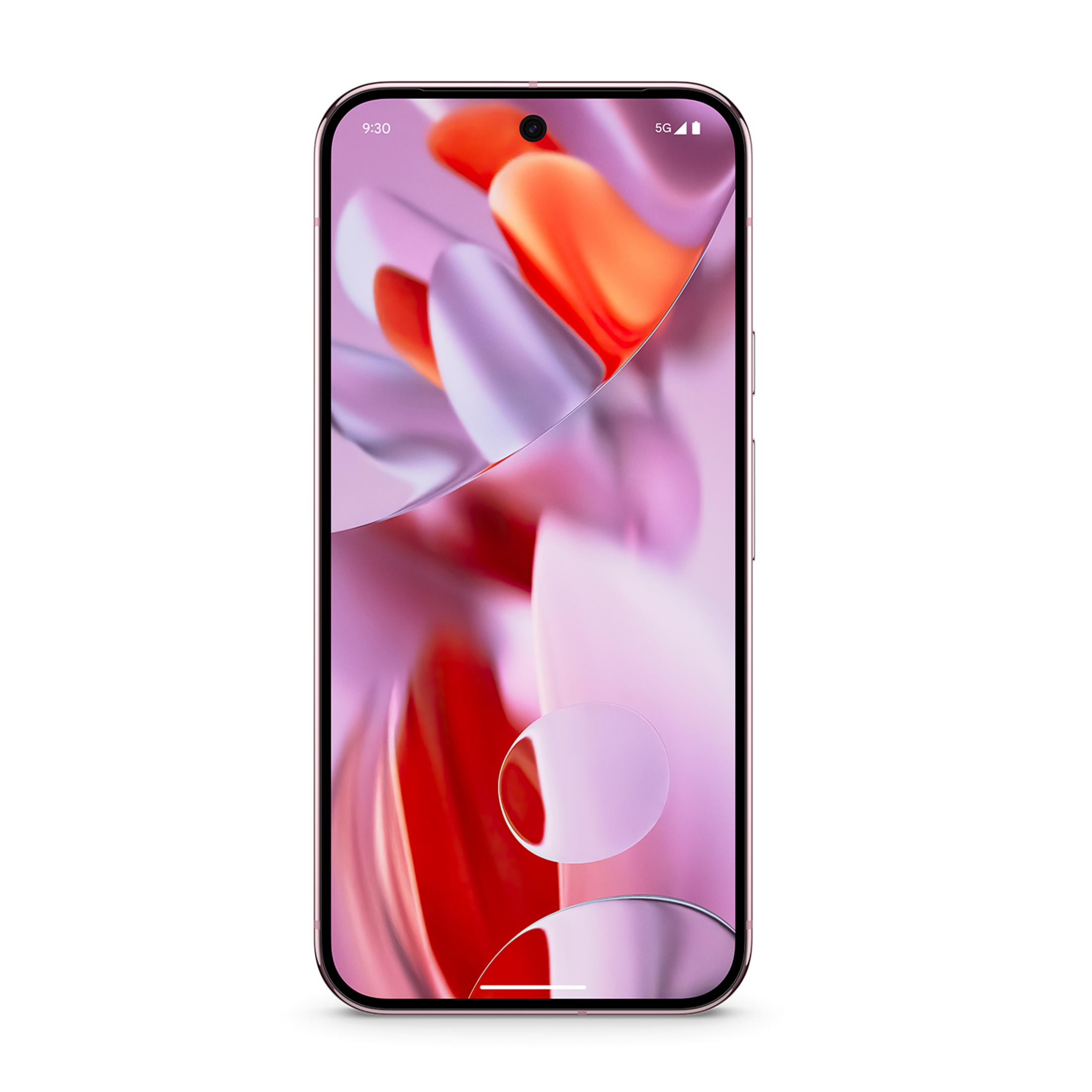 Een roze smartphone met een abstracte, kleurrijke achtergrond.