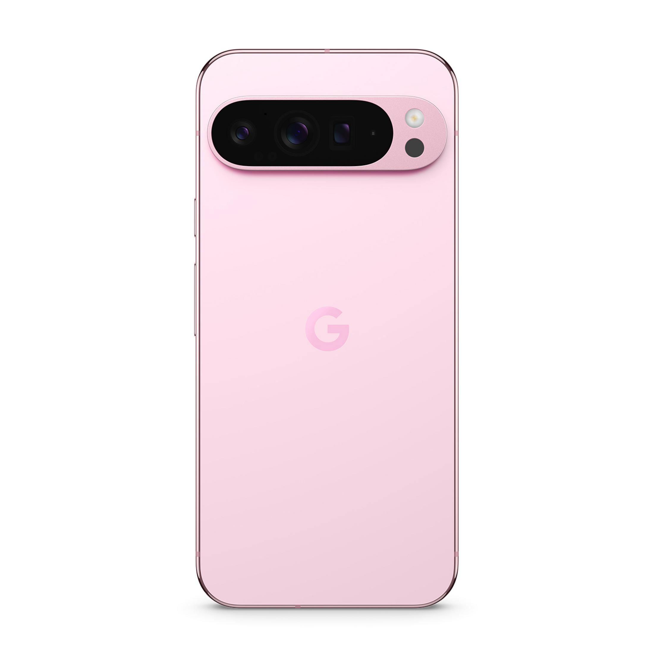 Een roze Google Pixel telefoon met camera.