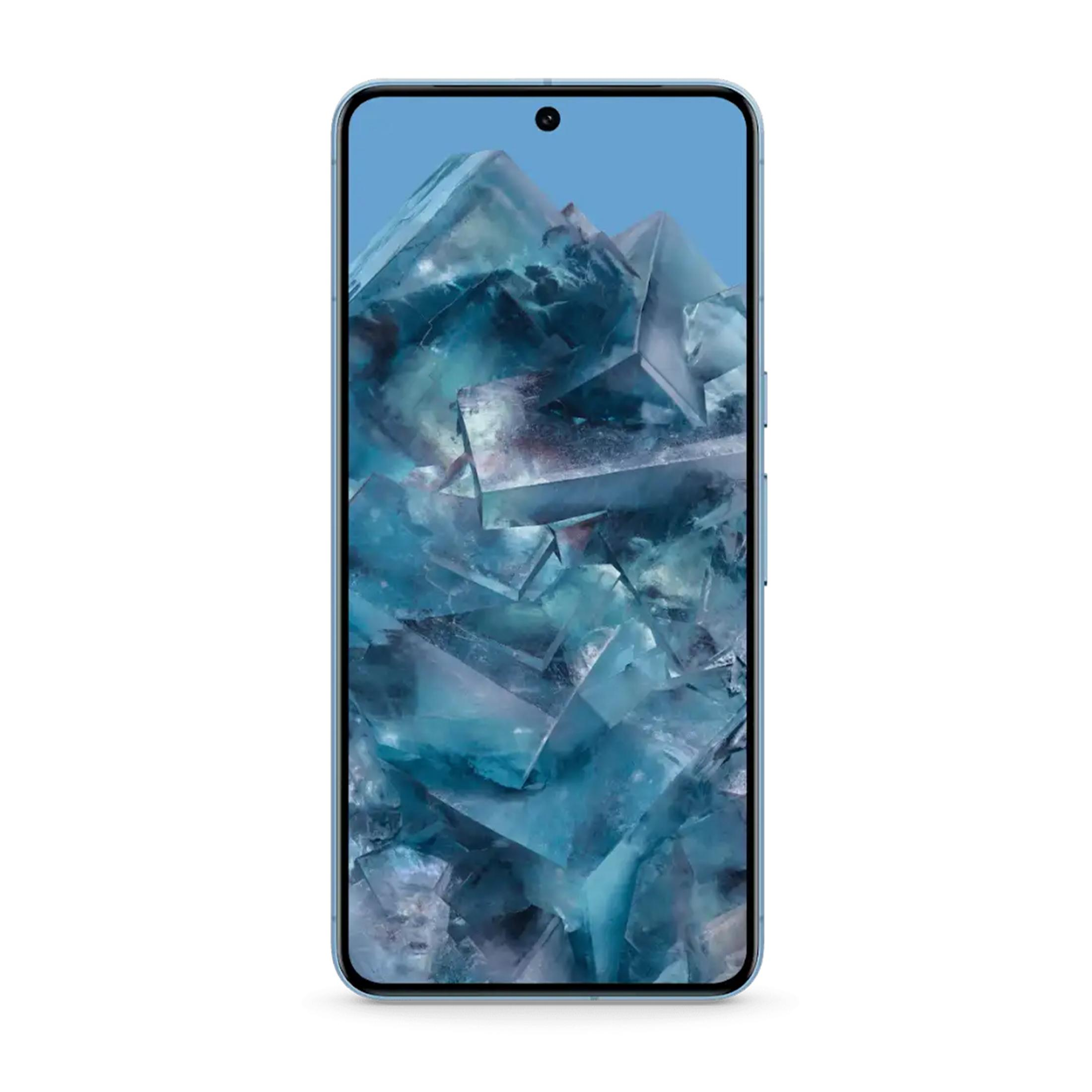 Jasnoniebieski smartfon z tapetą z niebieskich kryształów.