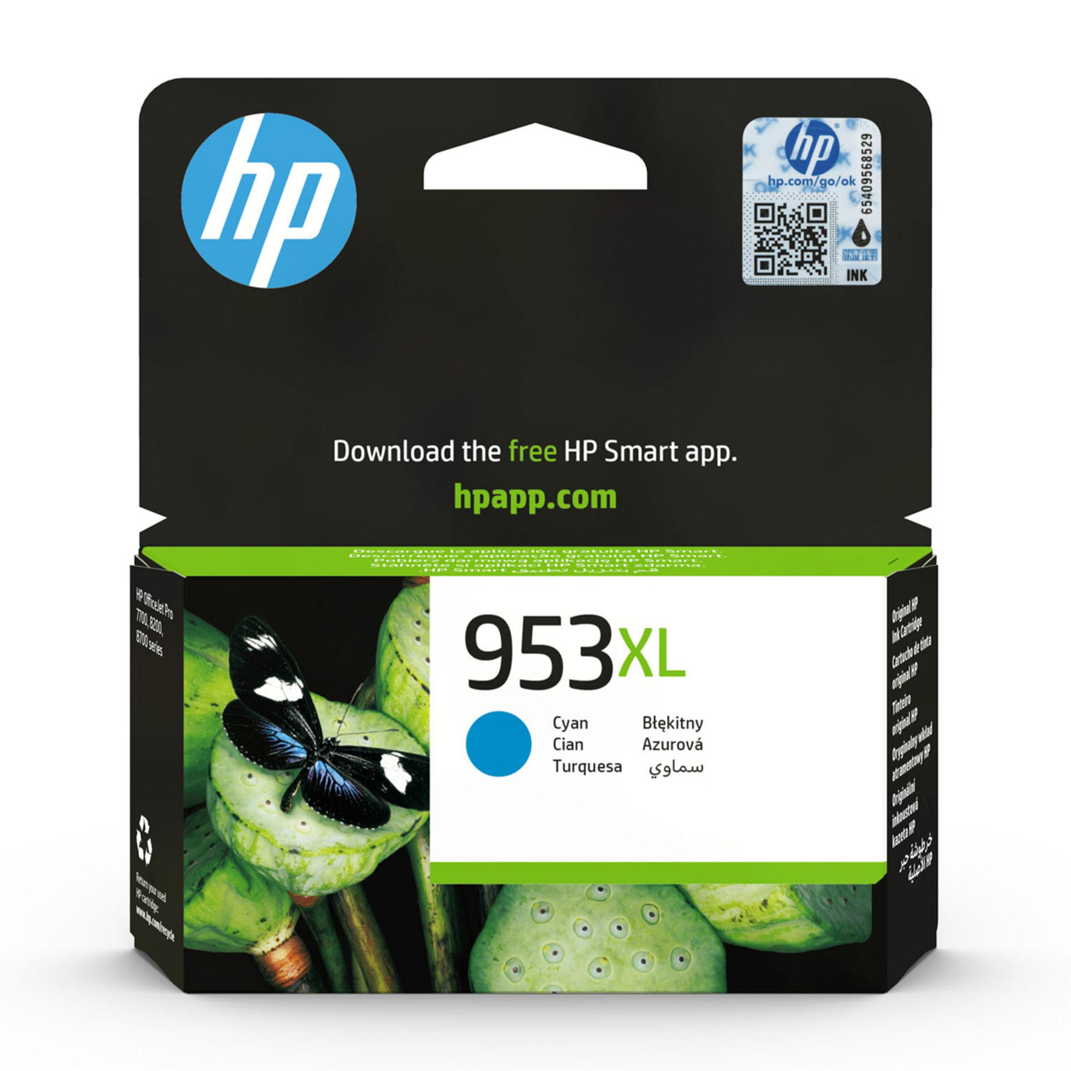 HP 953XL Cyan inktcartridge verpakking met vlinder en lotuspeulen.