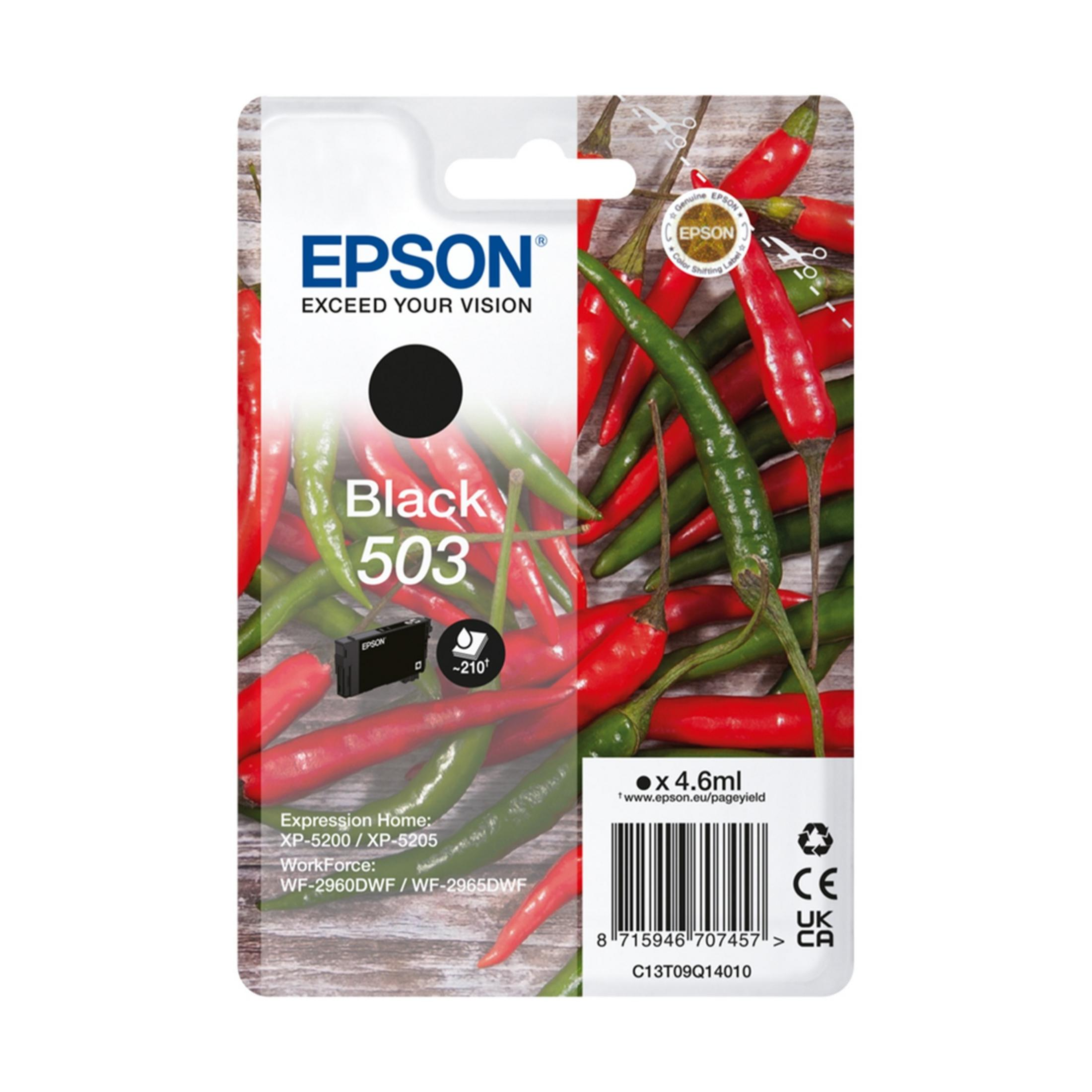 Karton atramentu Epson Black 503 z czerwonymi i zielonymi papryczkami chili na drewnie.