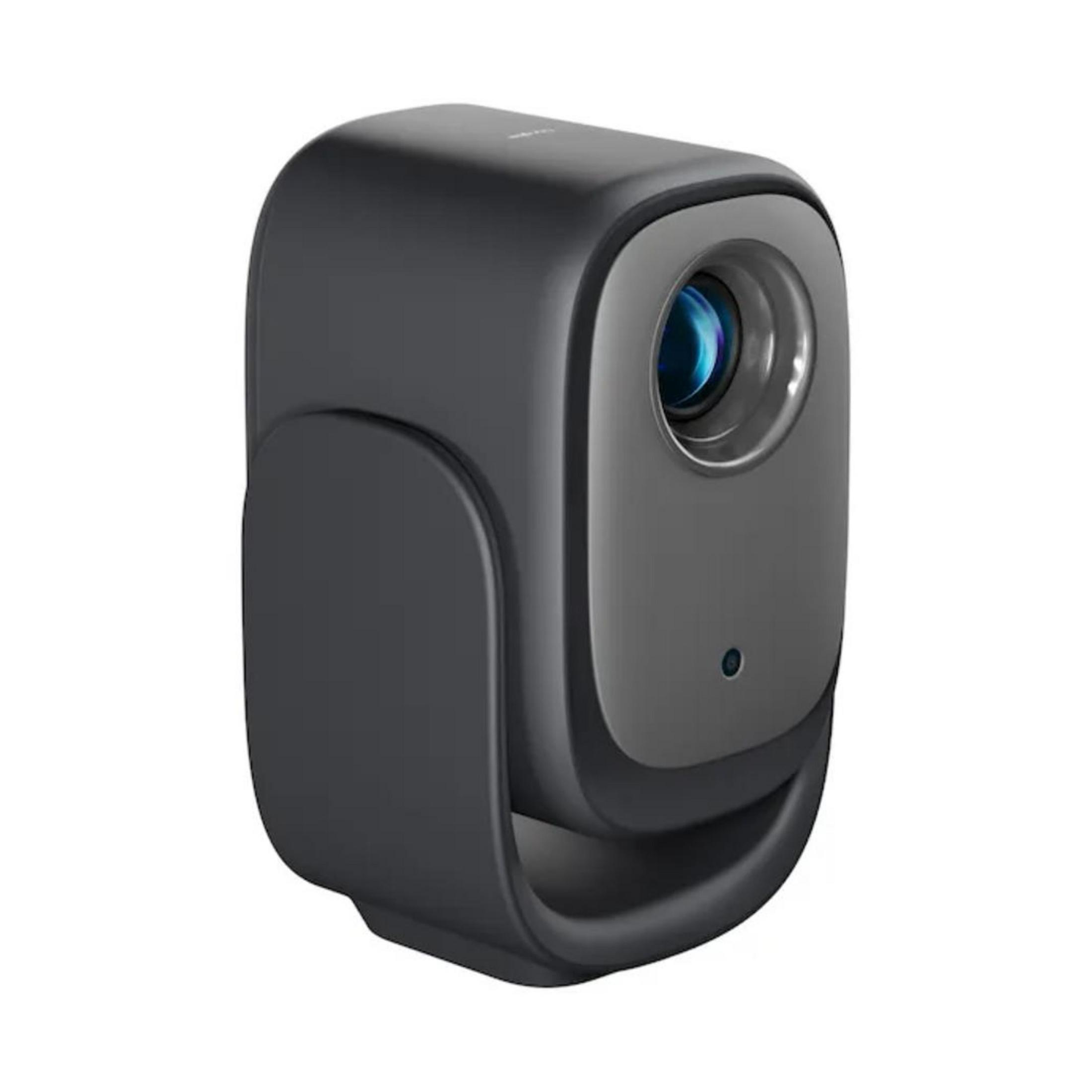 Un proyector oscuro y compacto con lente y luz indicadora LED azul.