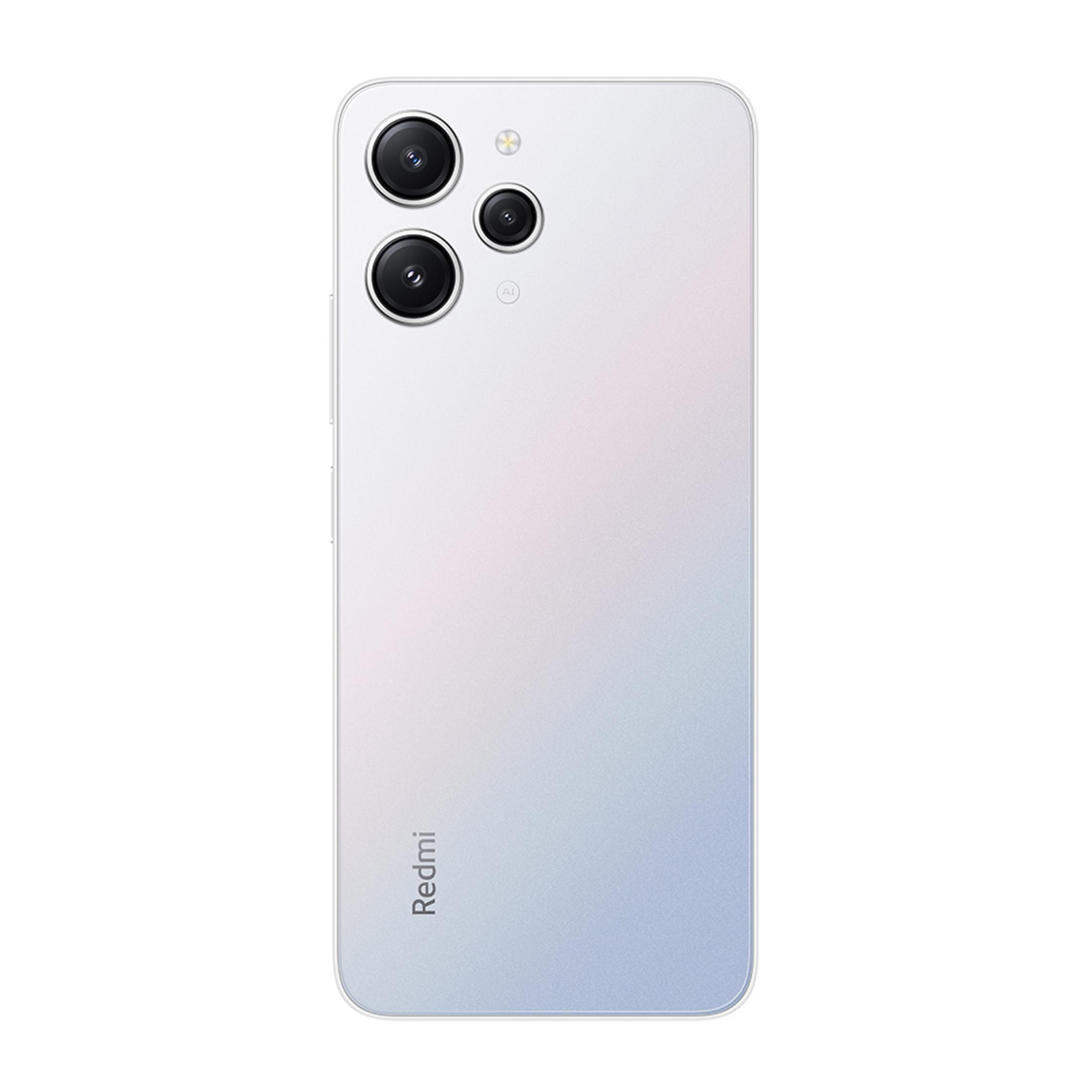 Parte trasera de un smartphone blanco con tres cámaras y el logo de Redmi.