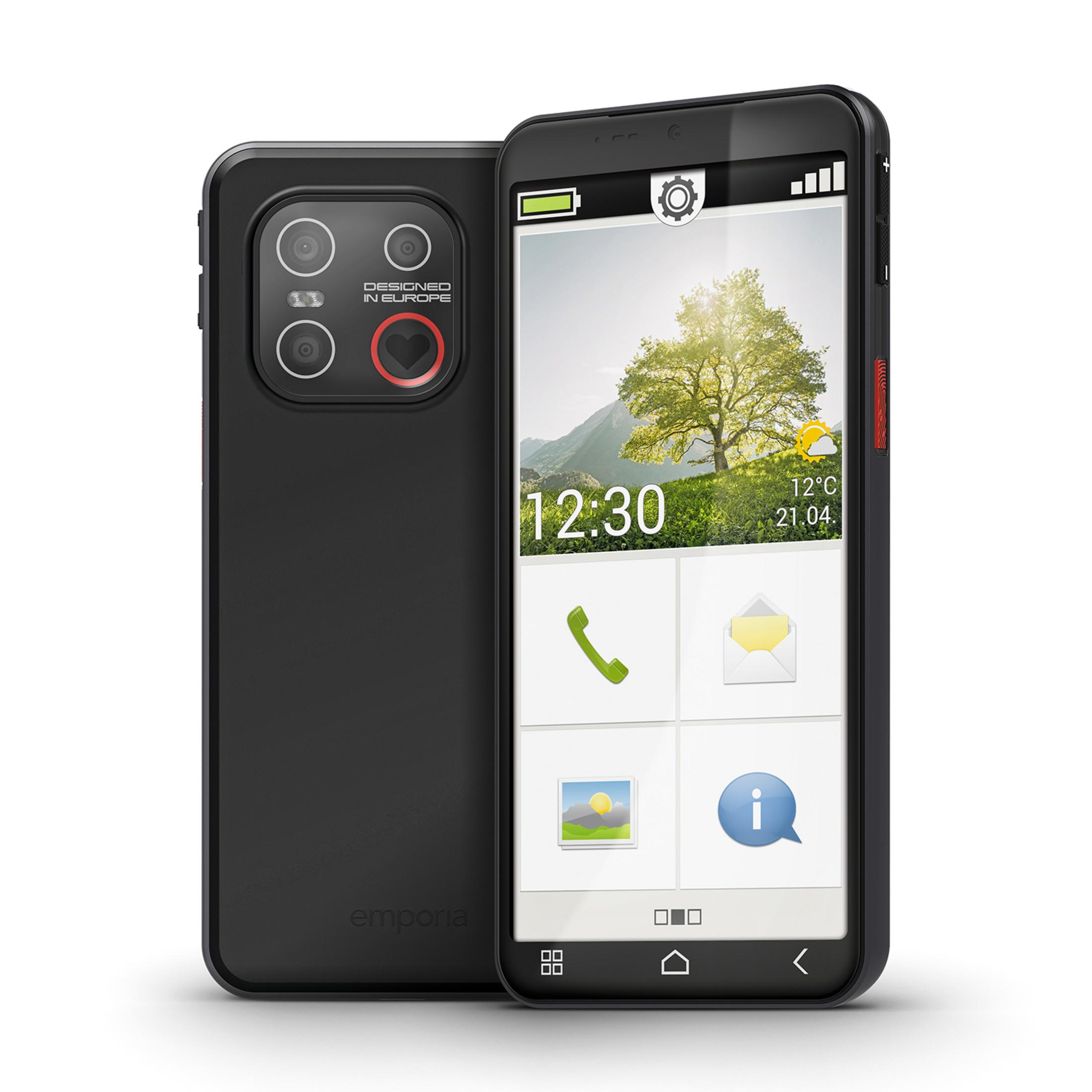 Uno smartphone nero con fotocamere posteriori e schermo che mostra un paesaggio.
