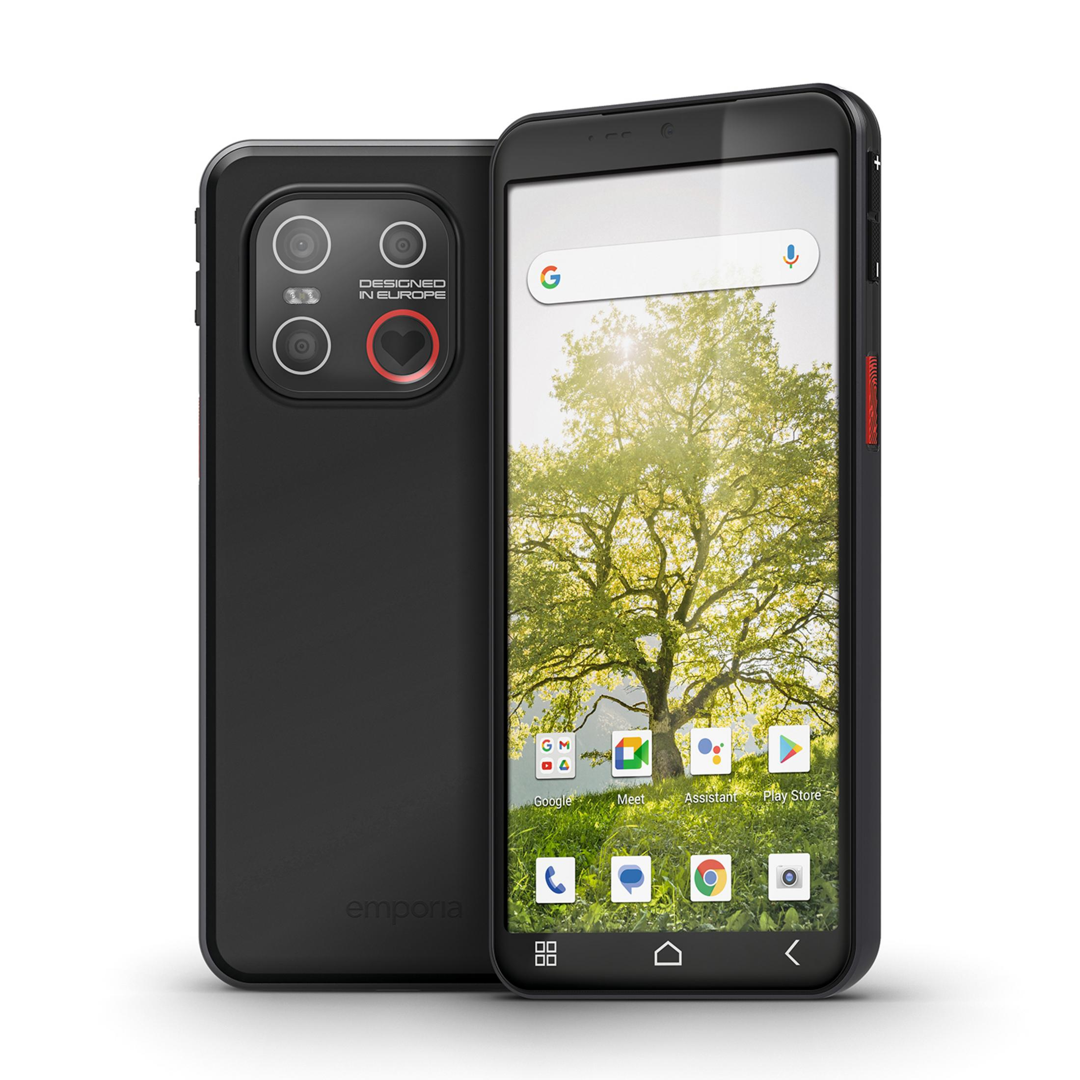 Uno smartphone nero con due fotocamere posteriori, che mostra uno sfondo di albero sul suo schermo.