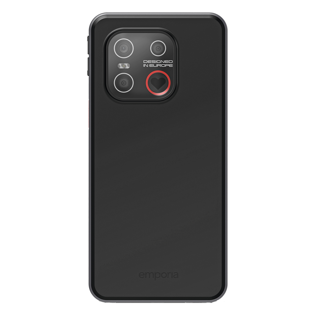 Smartphone nero con gruppo fotocamere e icona a cuore. Logo "emporia" in basso.