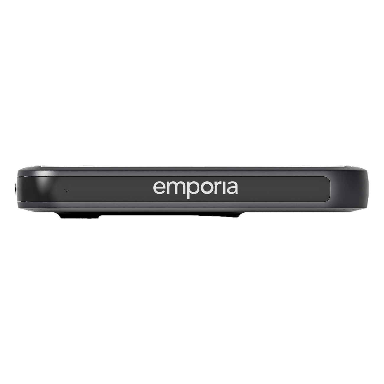 Un ricevitore rettangolare scuro con la scritta "emporia" in bianco.