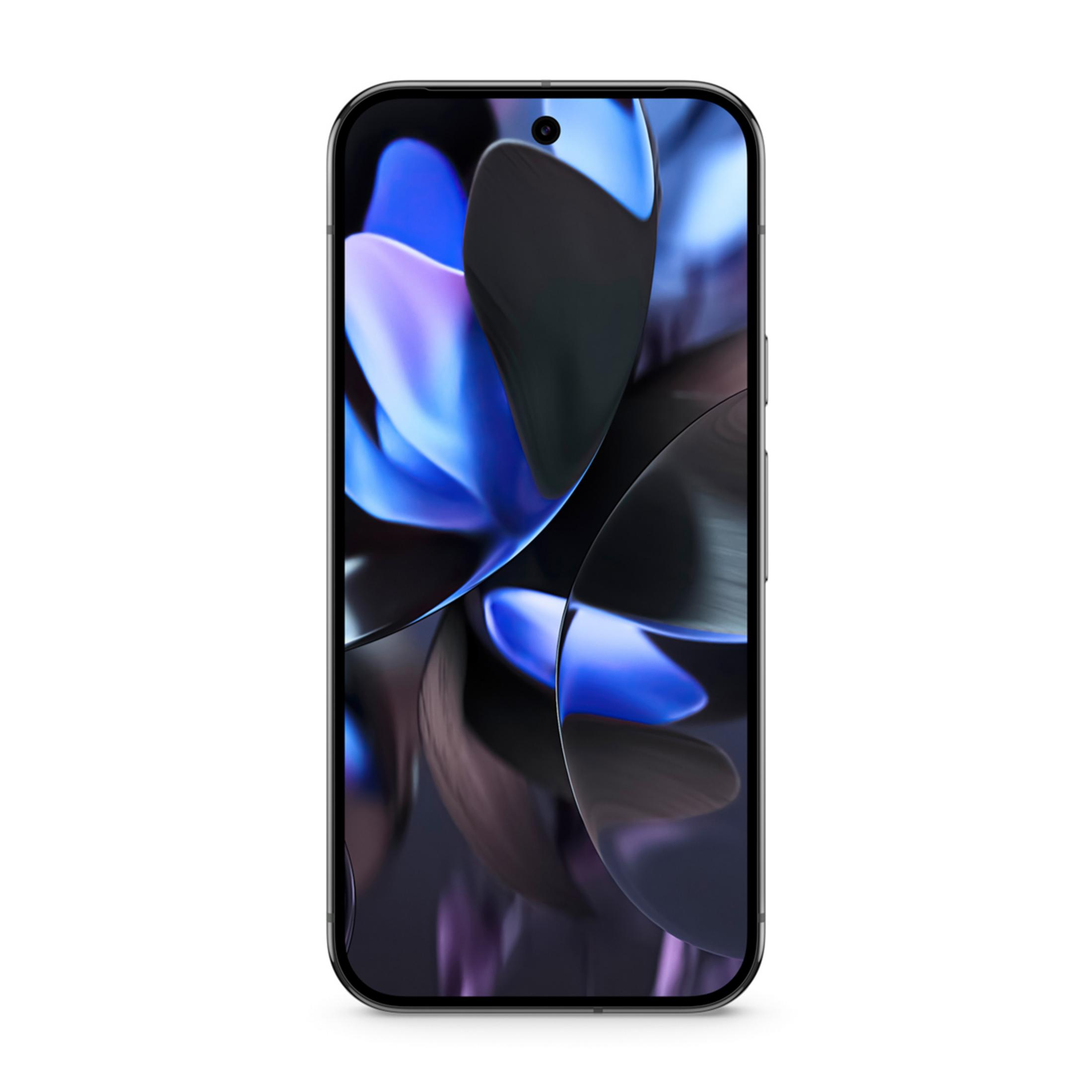 Elegancki smartfon z abstrakcyjną tapetą w kolorach niebieskim i czarnym.