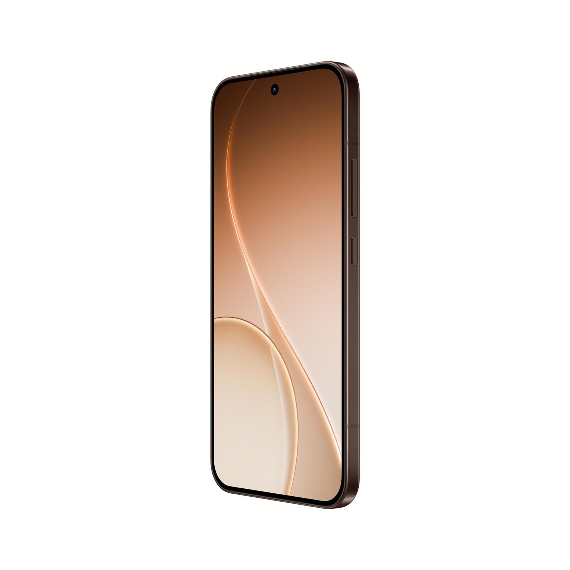 Ein braunes Smartphone mit einem farbverlauf-Display und einer Frontkamera.