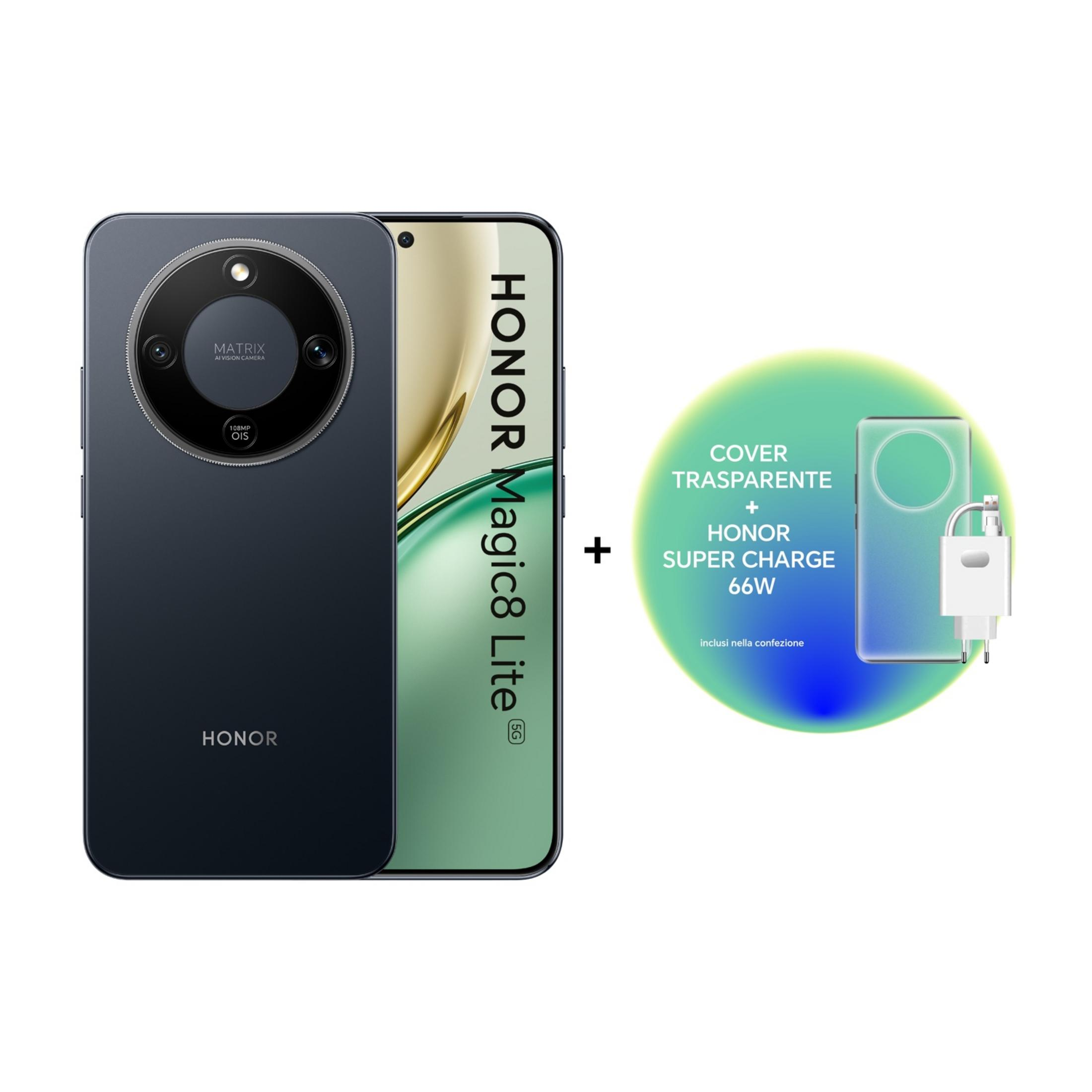 Smartfon Honor Magic 8 Lite z aparatem 108MP, ładowarką i etui.