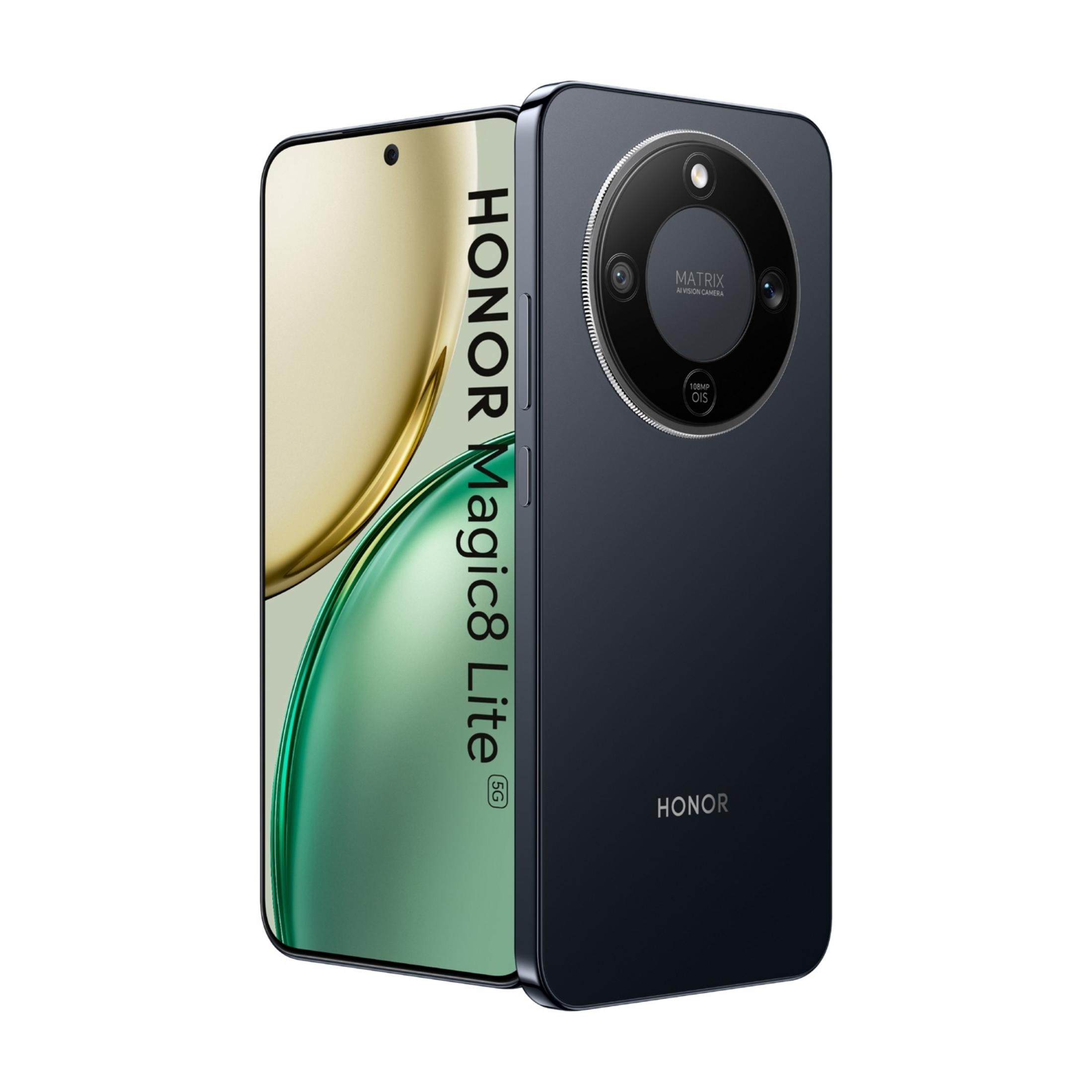 Czarny smartfon Honor Magic8 Lite 5G z aparatem Matrix.