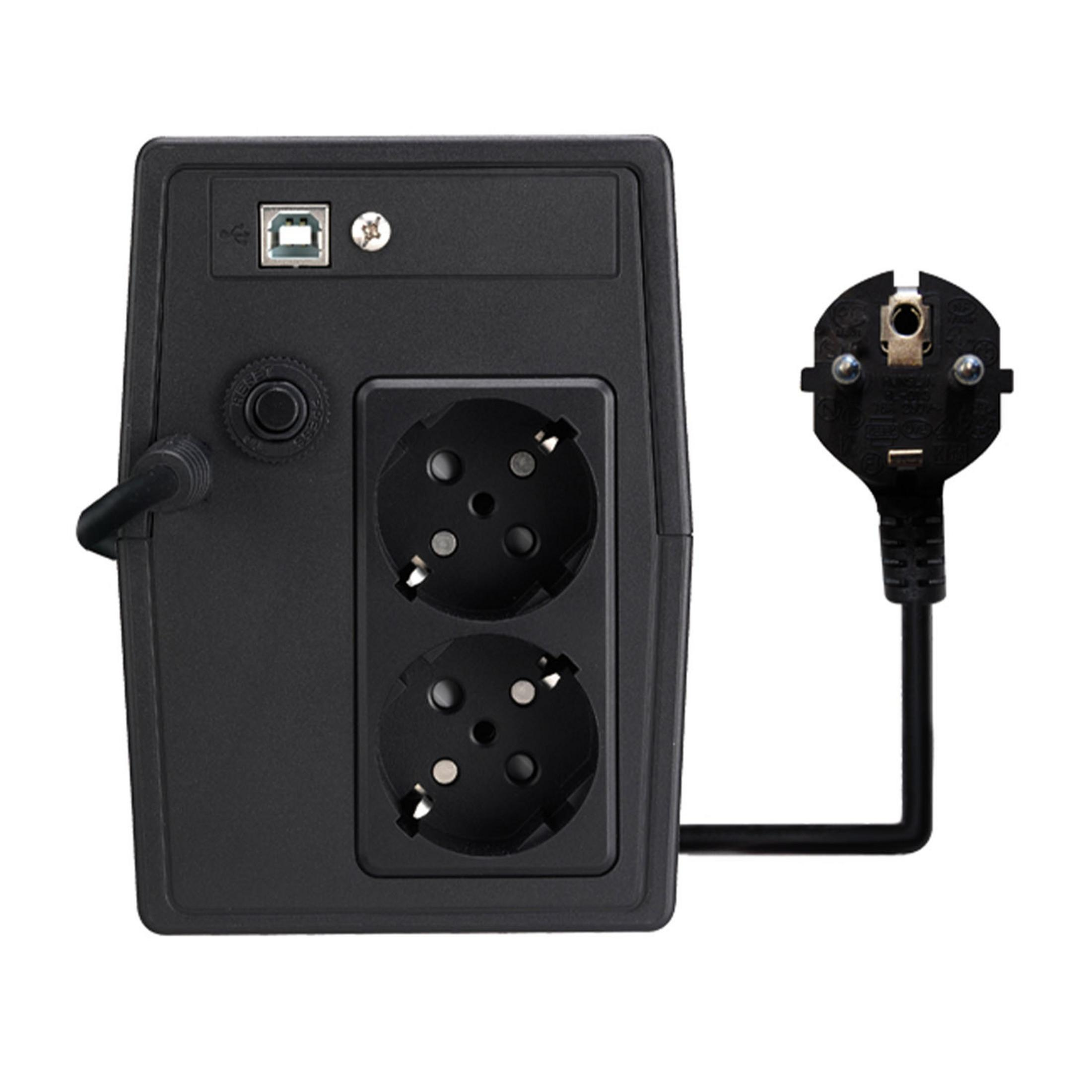 Adaptador de corriente negro con dos enchufes, puerto USB y un enchufe.