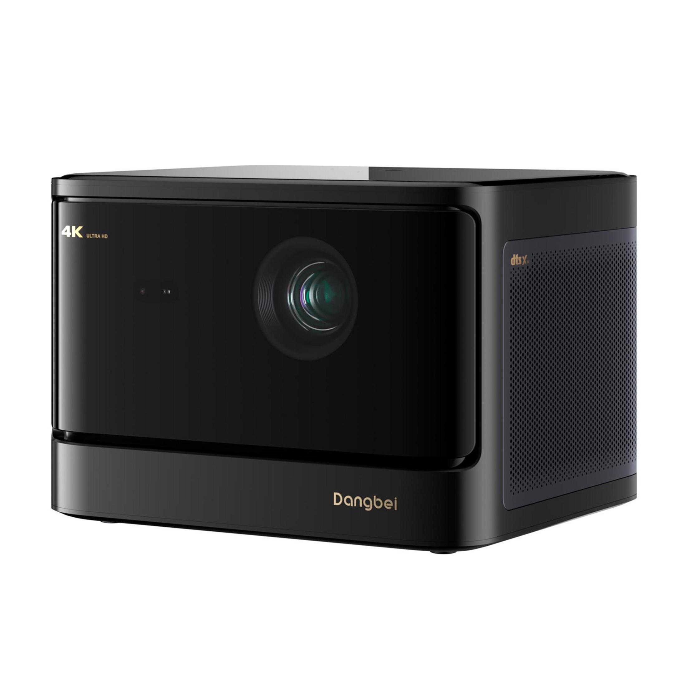 Czarny projektor 4K ze złotym logo i maskownicą głośnika.