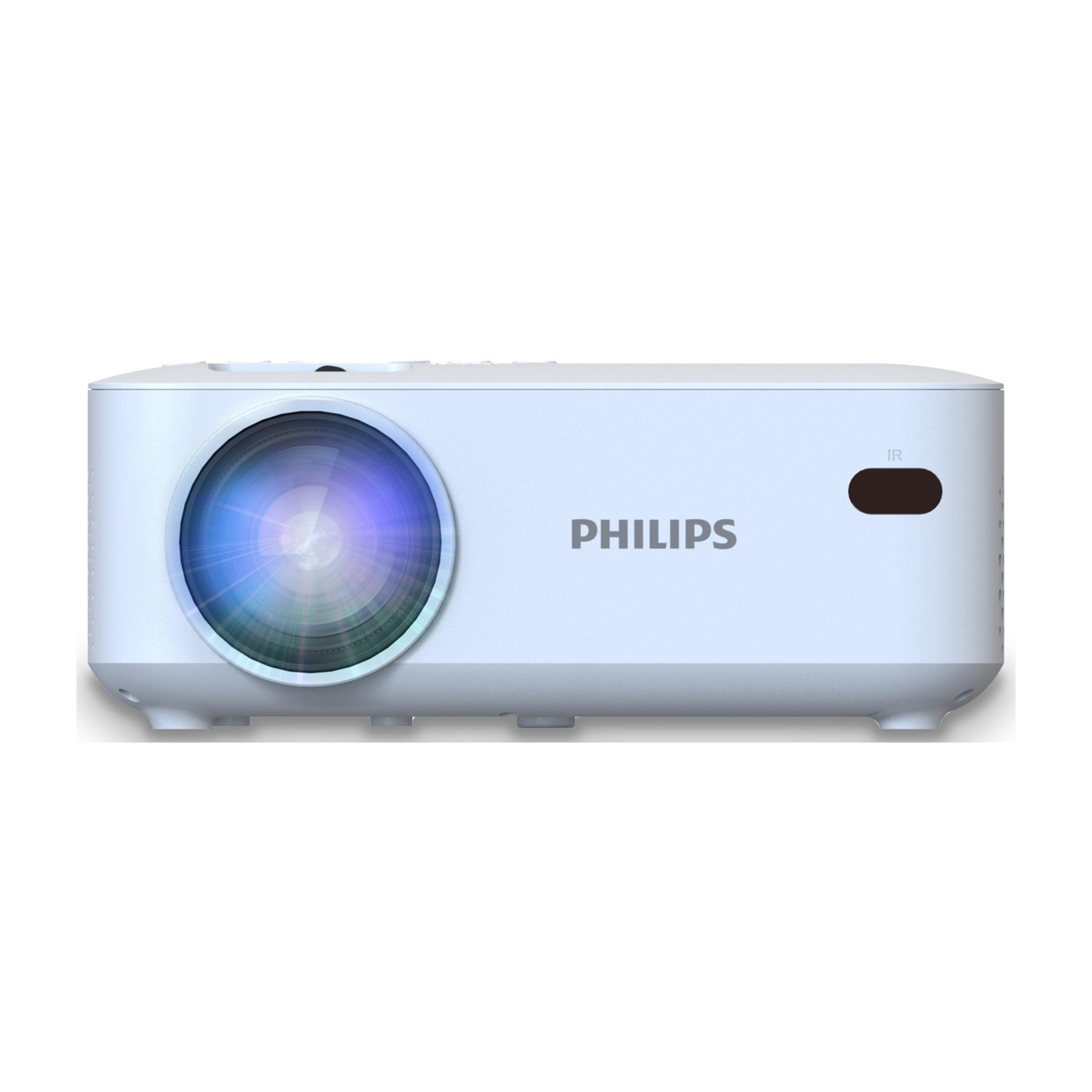 Ein weißer Philips Projektor mit Linse und IR-Sensor.