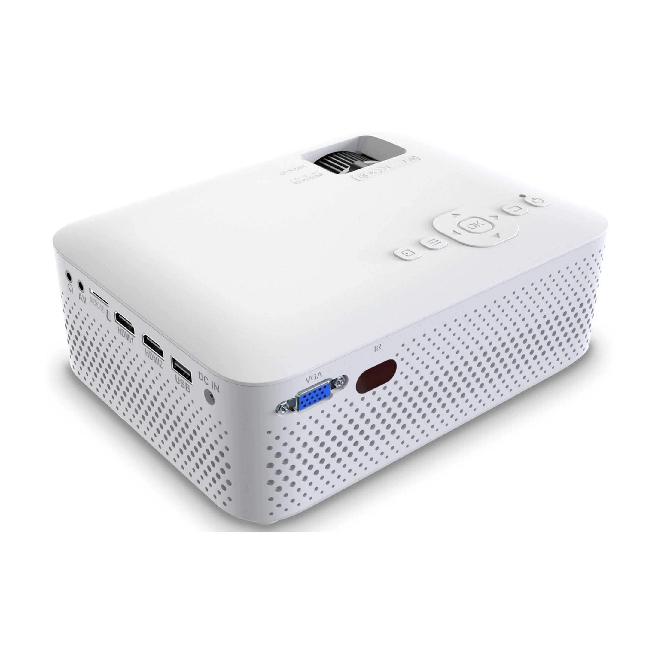 Ein weißer Projektor mit Anschlüssen für AV, Micro SD, HDMI, USB, DC IN und VGA.