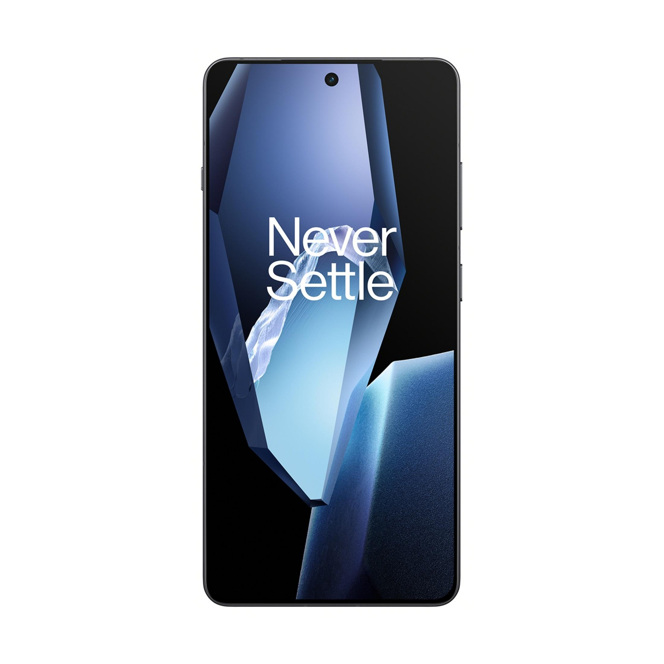 Smartfon z napisem "Never Settle" na ekranie.