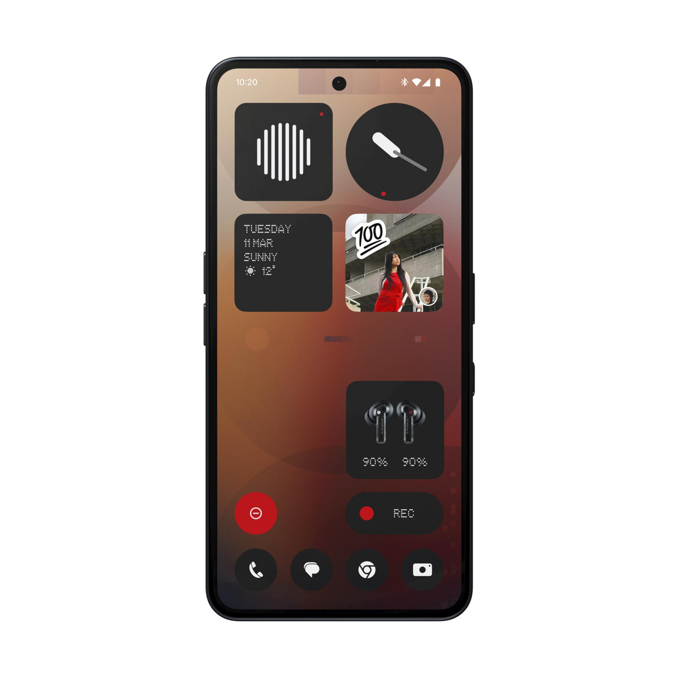 Écran d'accueil de smartphone avec widgets: heure, date, météo, photo, écouteurs et bouton d'enregistrement.