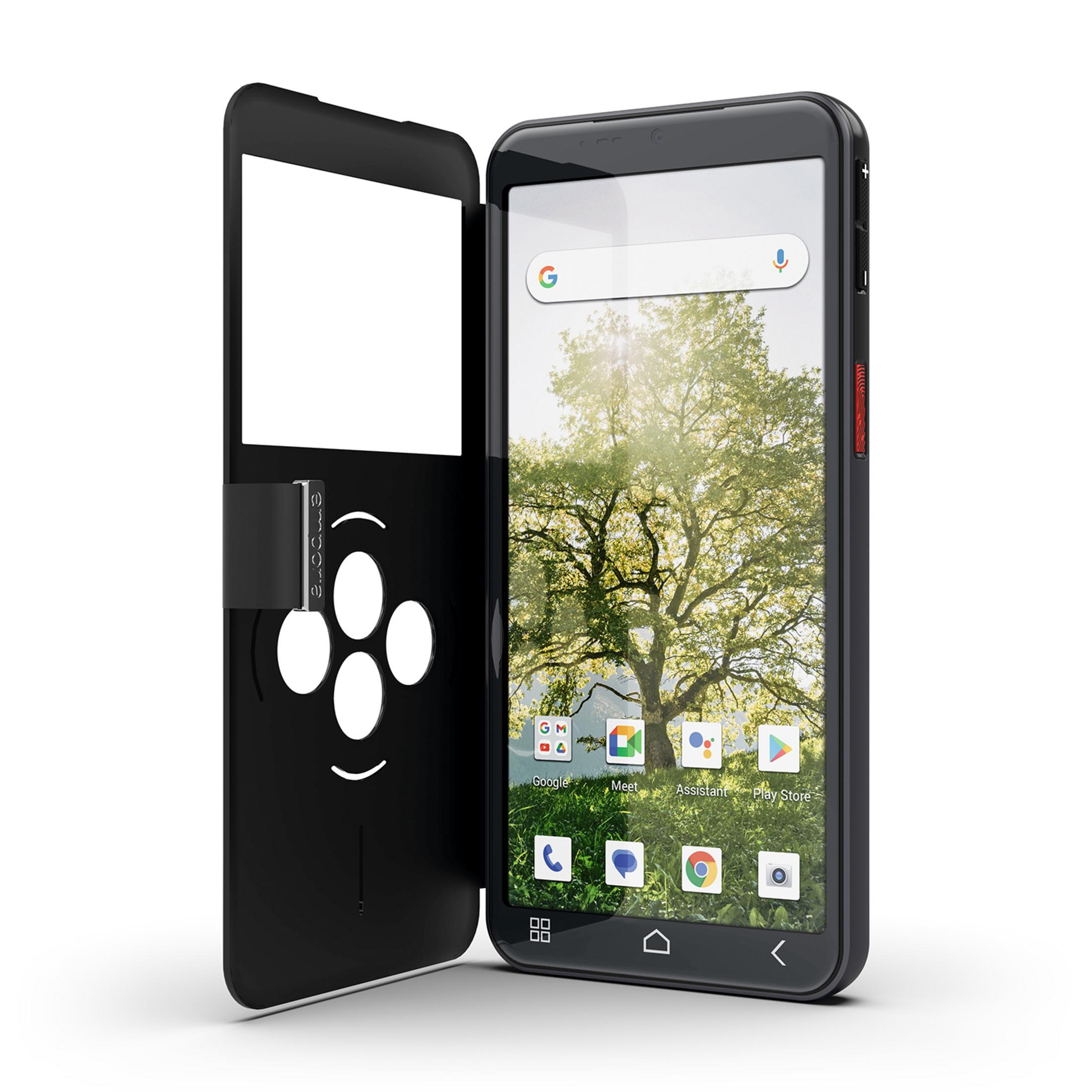 Uno smartphone nero con la cover aperta. Lo schermo mostra un albero.