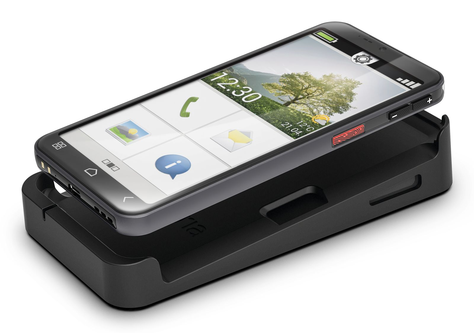 Uno smartphone con sensore di impronte digitali in una base di ricarica nera.