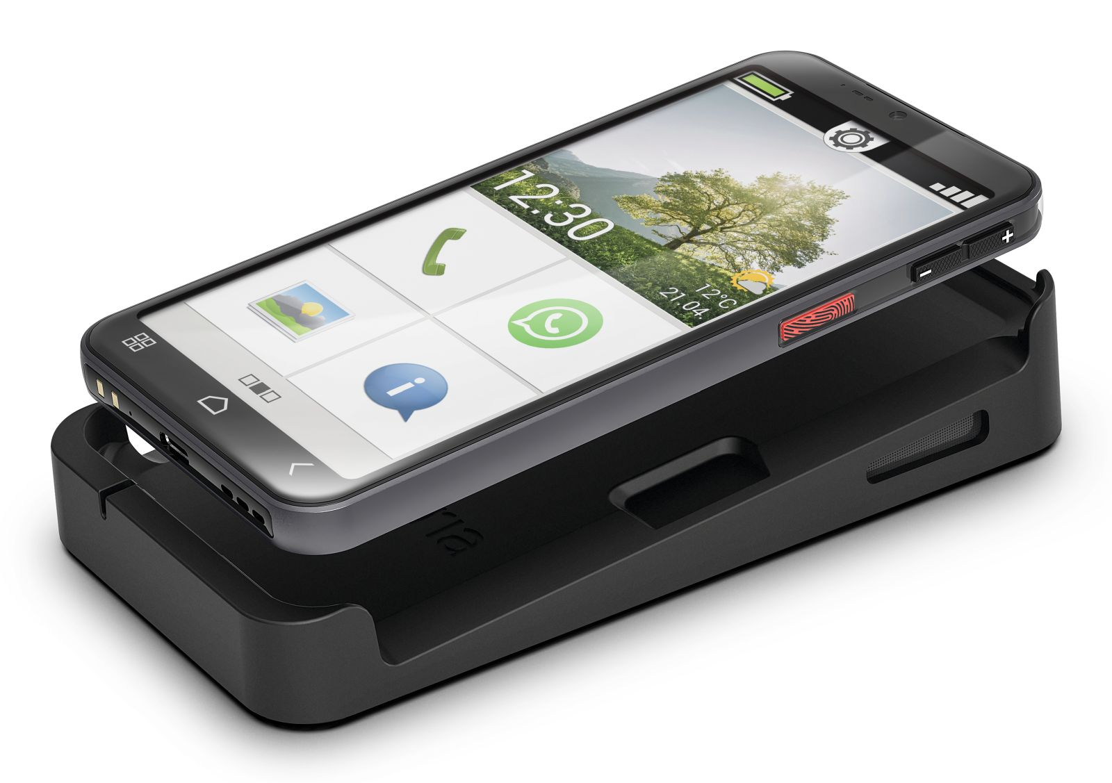 Uno smartphone in una base di ricarica nera. Lo schermo mostra icone.