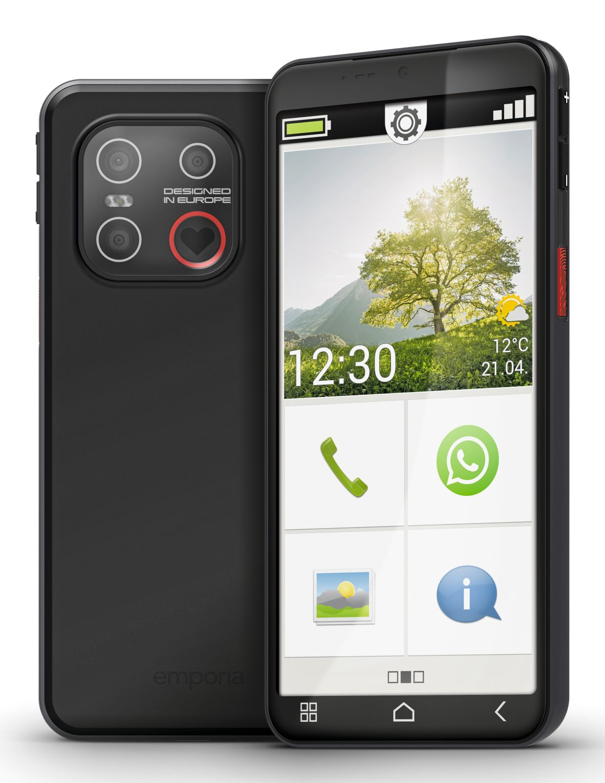 Uno smartphone nero con due fotocamere posteriori e un ampio schermo che mostra un paesaggio.