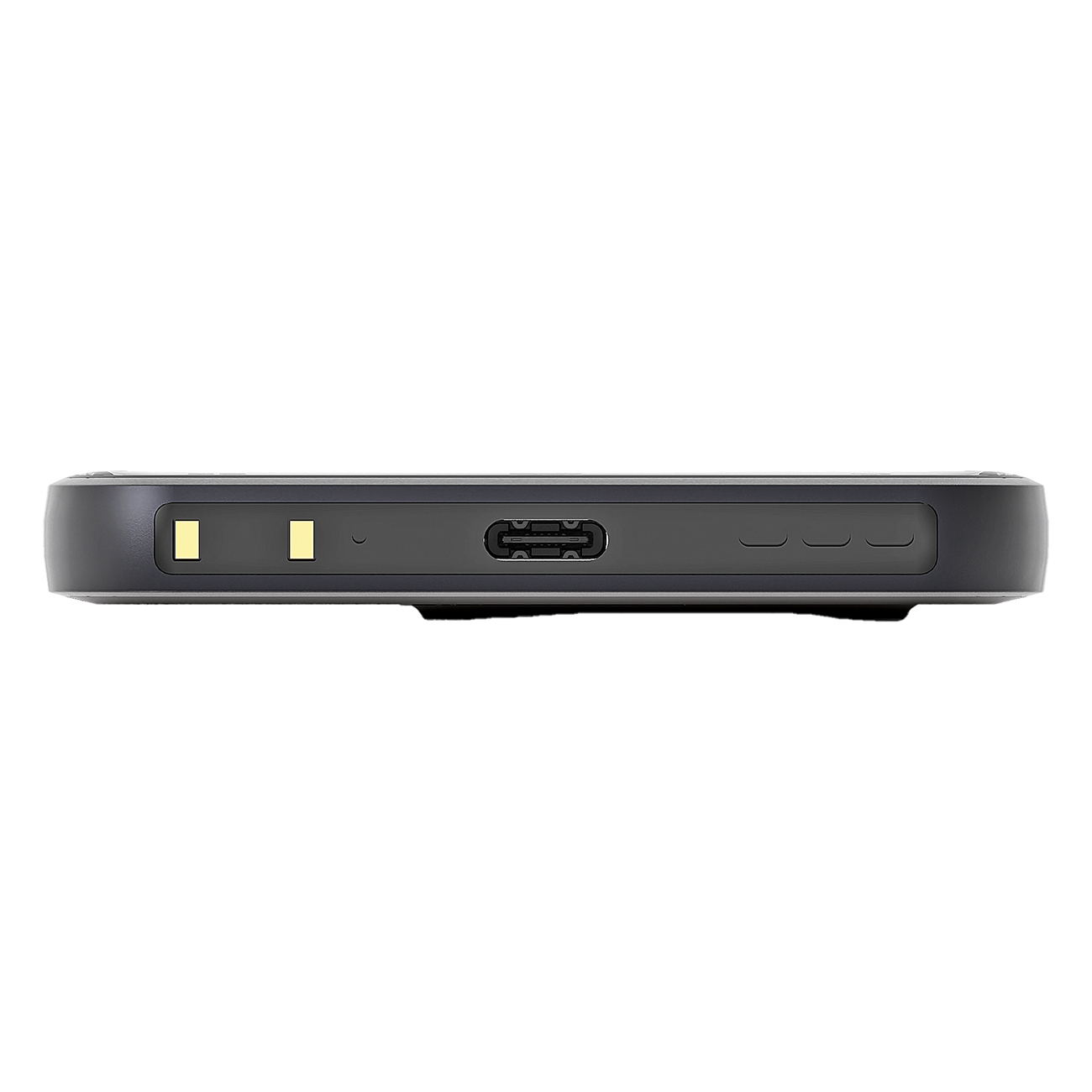 Dispositivo nero con porta USB-C e due contatti di ricarica gialli.