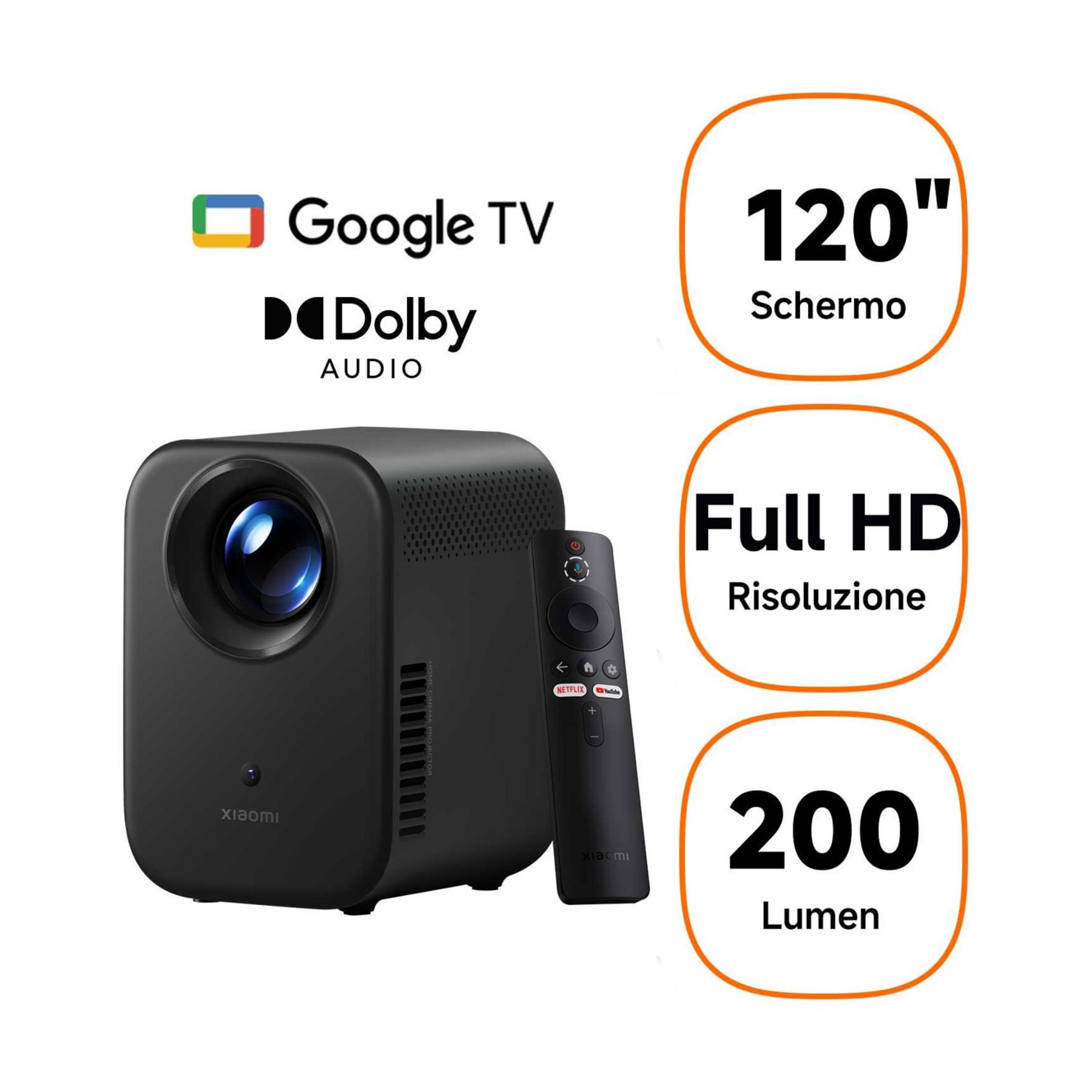 Czarny projektor z pilotem, Google TV, Dolby Audio, 120", Full HD, 200 lumenów.