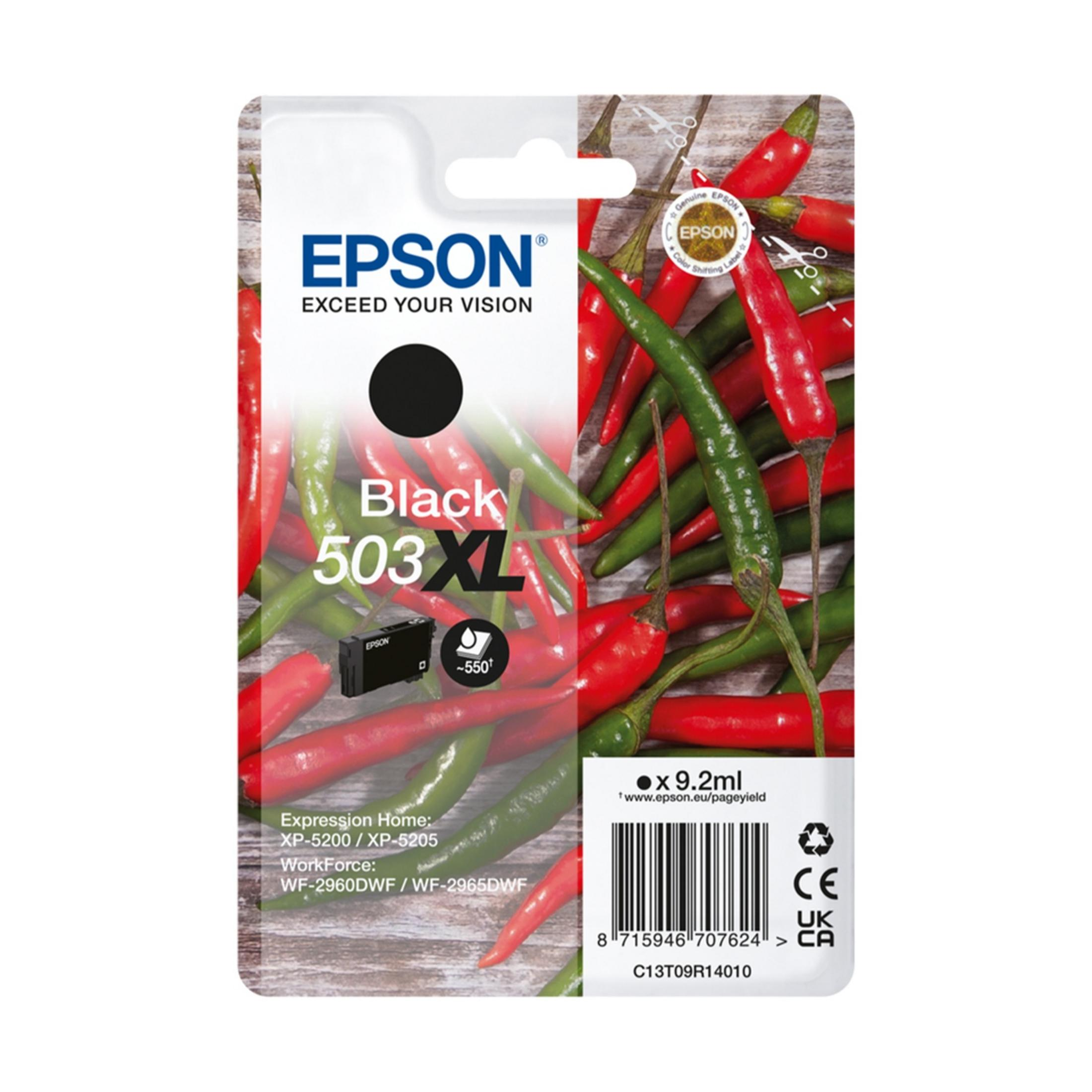 Cartuccia d'inchiostro Epson 503XL nera con peperoncini sulla confezione.