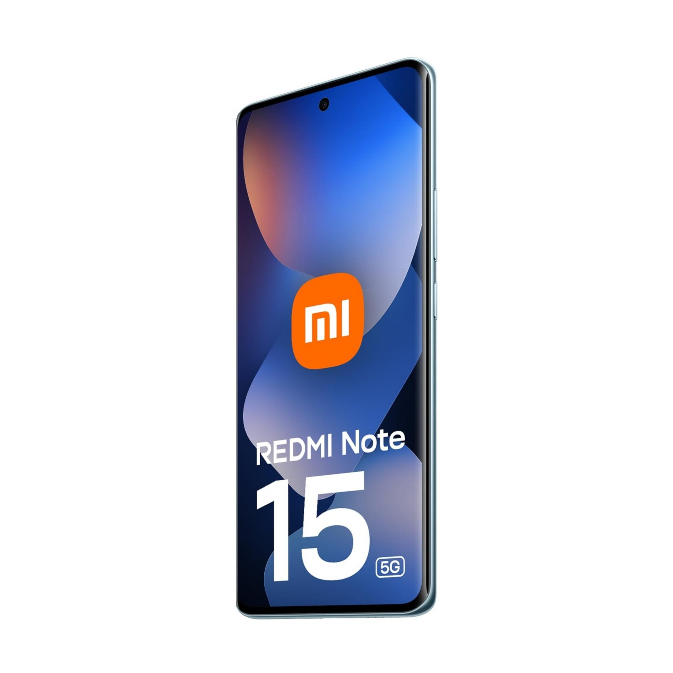 Niebieski smartfon Xiaomi Redmi Note 15 5G z pomarańczowym logo.