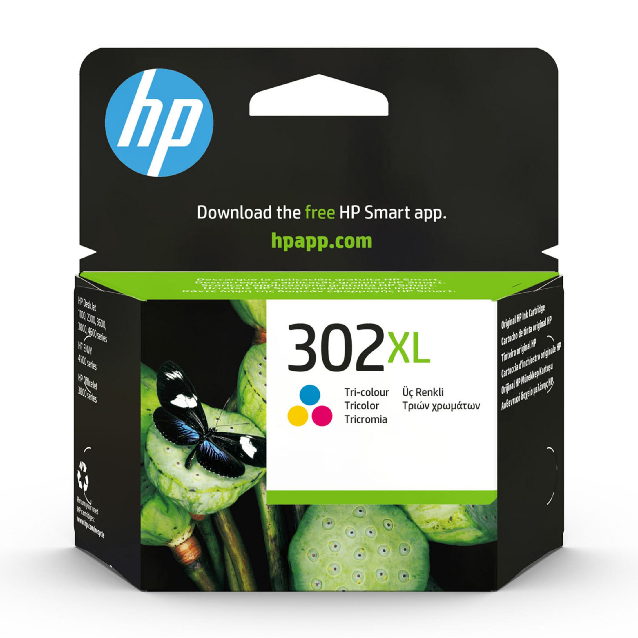 HP 302XL inktcartridge met vlinder en lotusbloemen op verpakking.