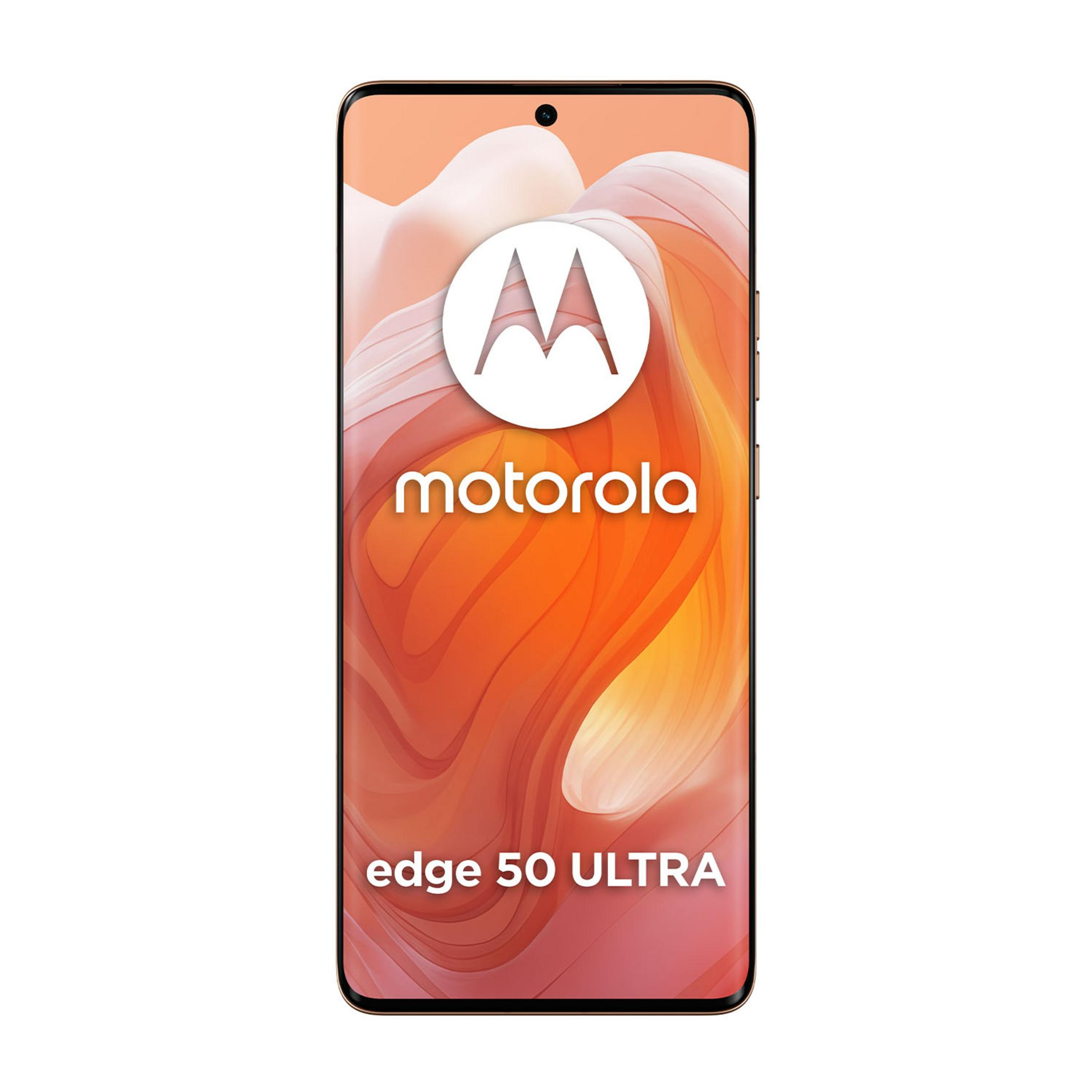 Smartfon Motorola Edge 50 Ultra z logo i płynnym pomarańczowym tłem.