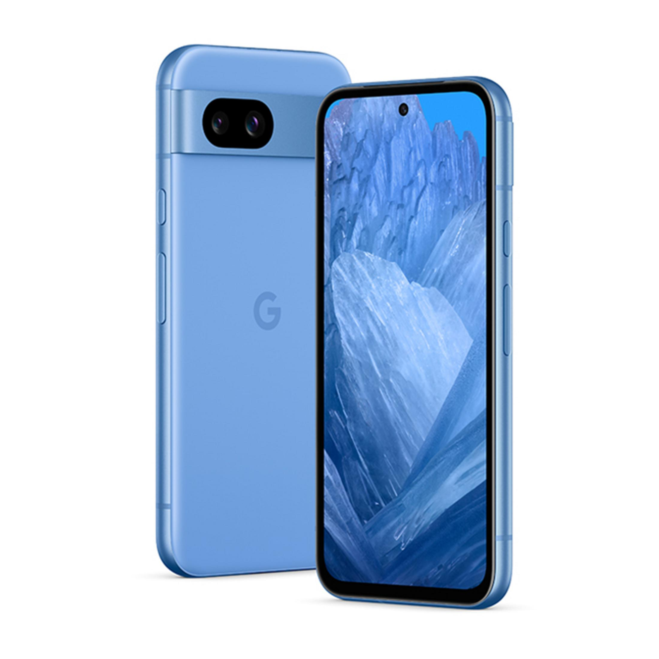 Dwa niebieskie telefony Google Pixel, jeden pokazuje aparat i logo G, drugi ekran.