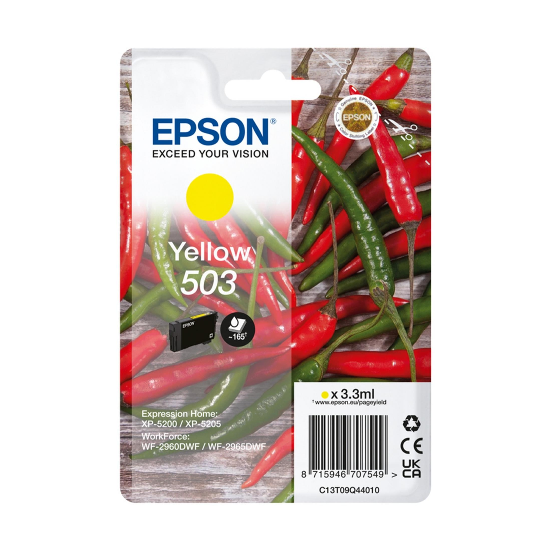 Cartuccia d'inchiostro Epson 503 gialla con peperoncini rossi e verdi sullo sfondo.
