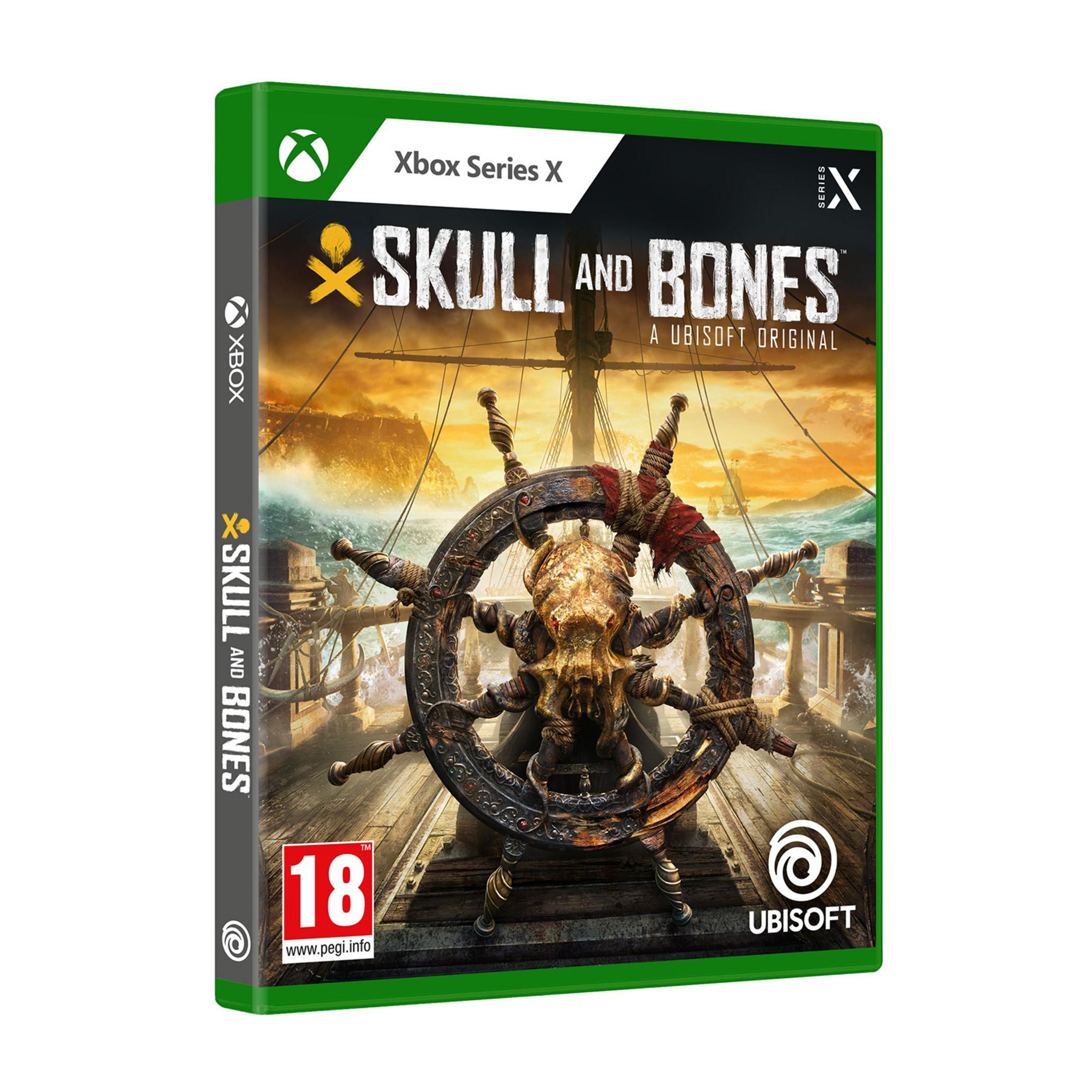 La copertina del gioco "Skull and Bones" per Xbox Series X mostra un timone con teschio in mare in tempesta.