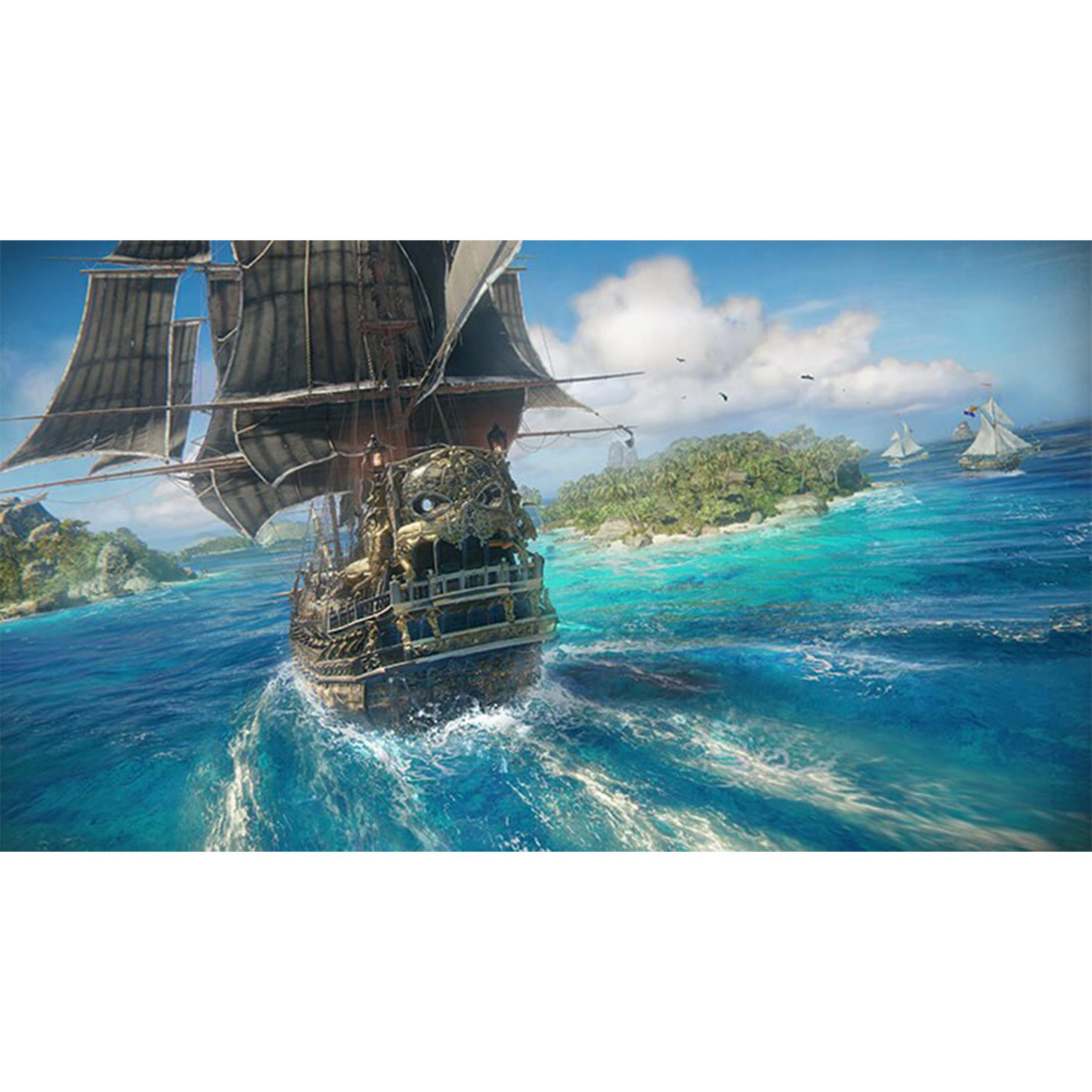 Statek piracki płynie po turkusowych wodach blisko tropikalnych wysp.