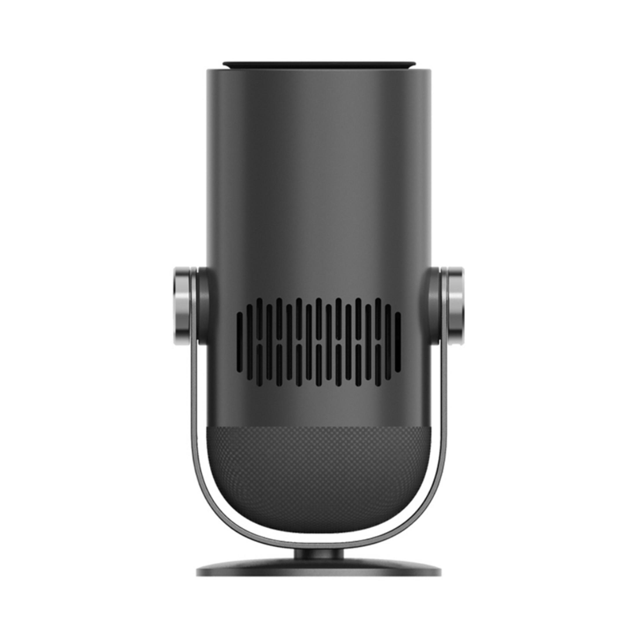 Czarny, cylindryczny głośnik ze srebrnymi akcentami stoi na okrągłej podstawie.