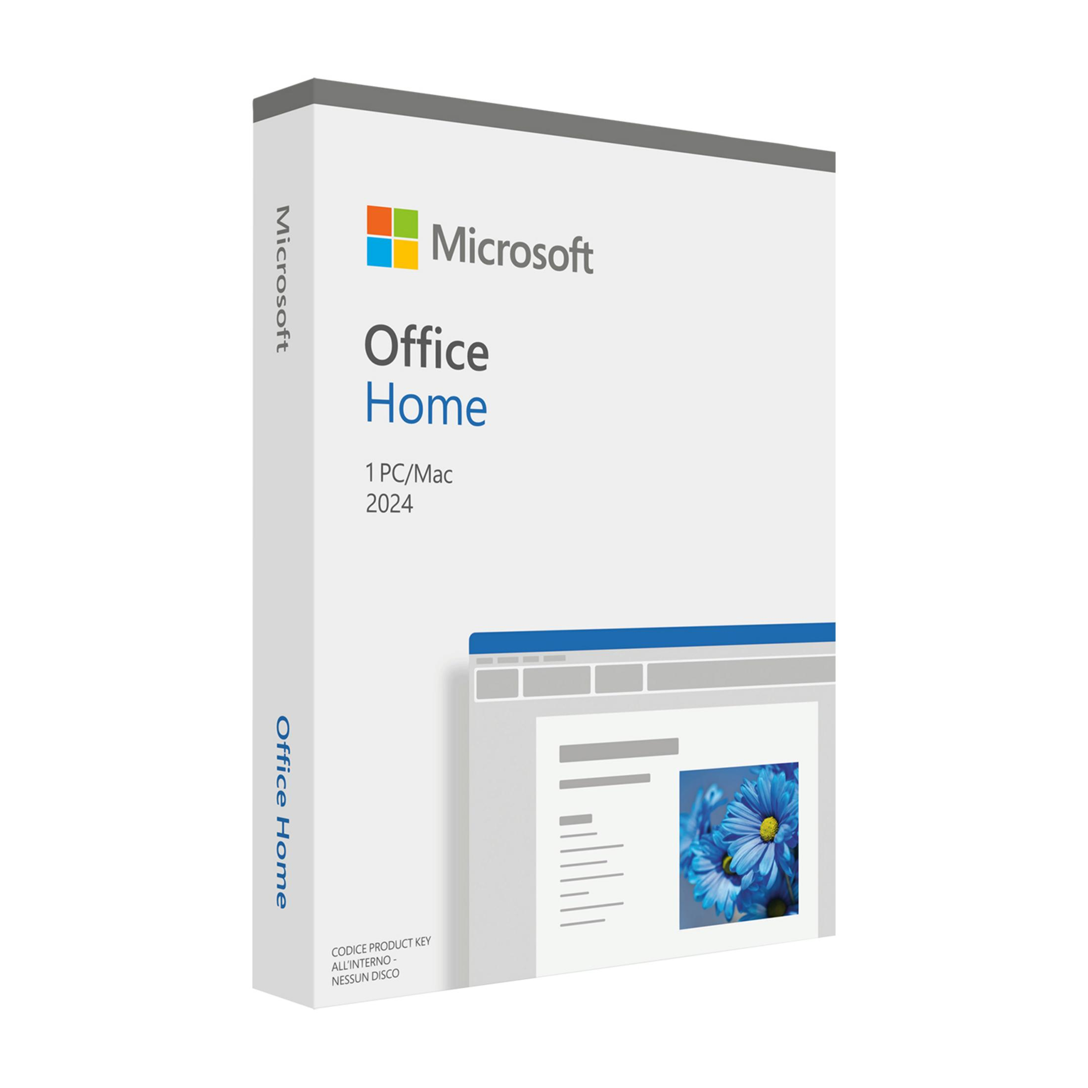 Pudełko Microsoft Office Home 2024 na 1 PC/Mac z obrazkiem kwiatów.