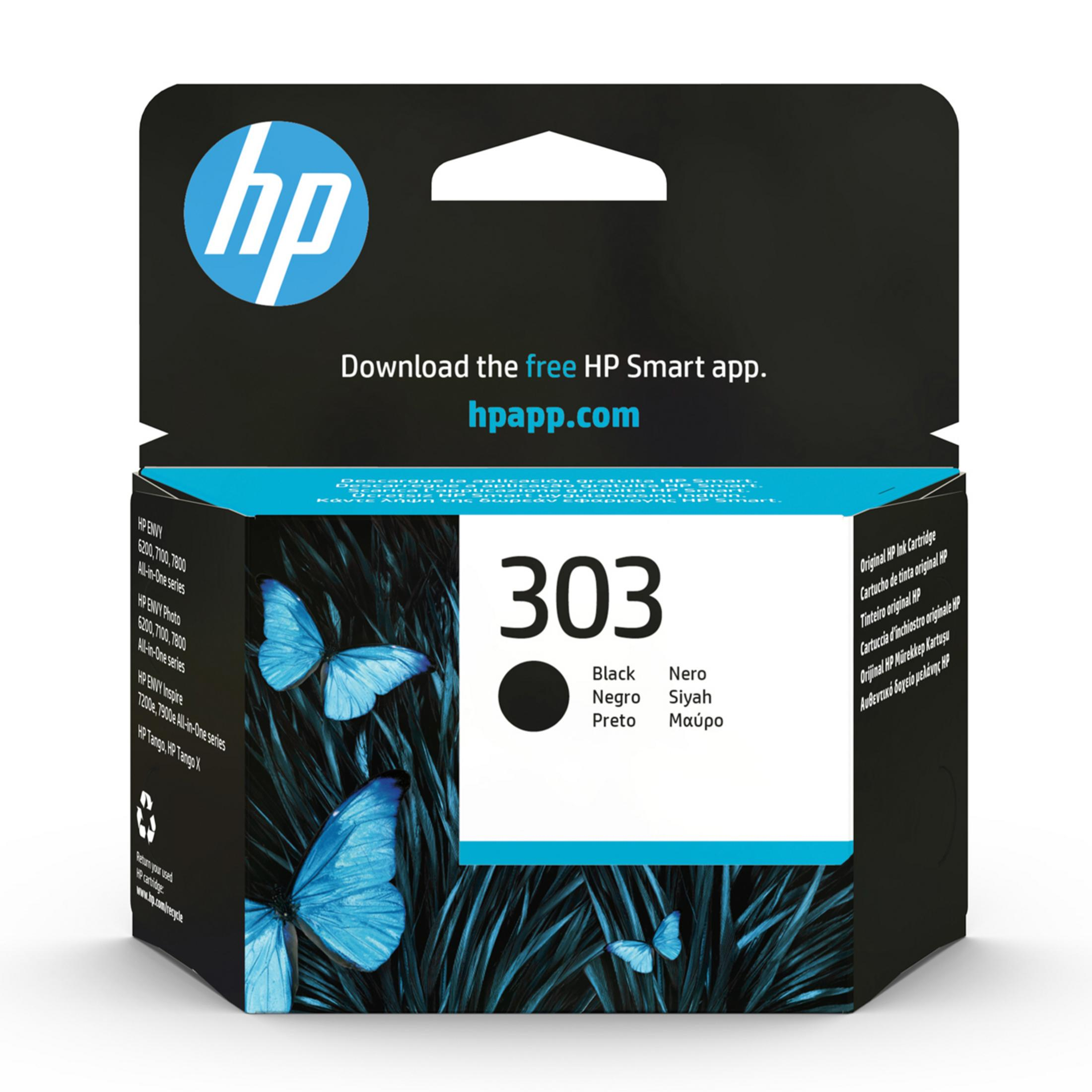 Cartucho de tinta HP 303 negro con diseño de mariposa y logo HP.