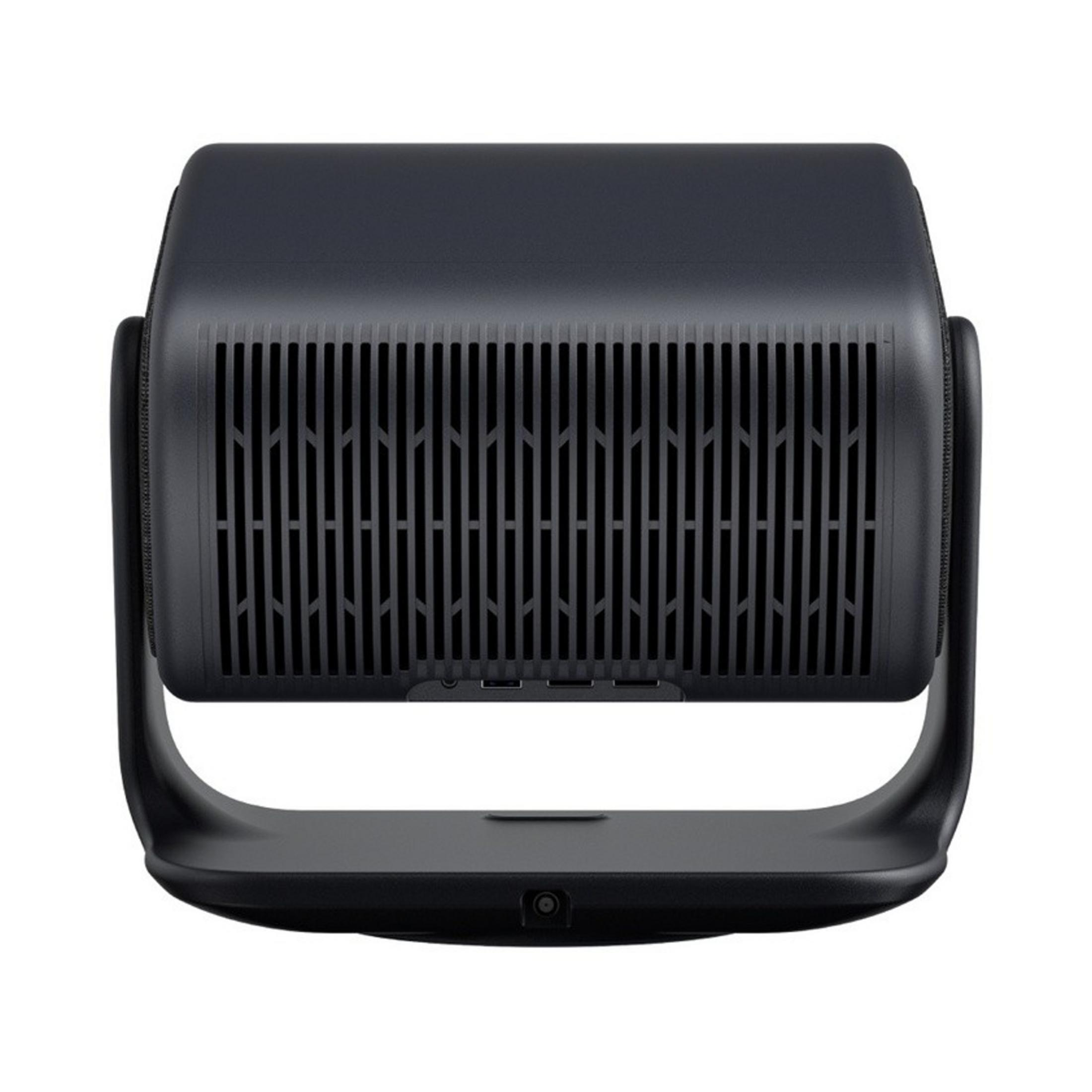 Ventilatore nero con prese d'aria verticali e maniglia.