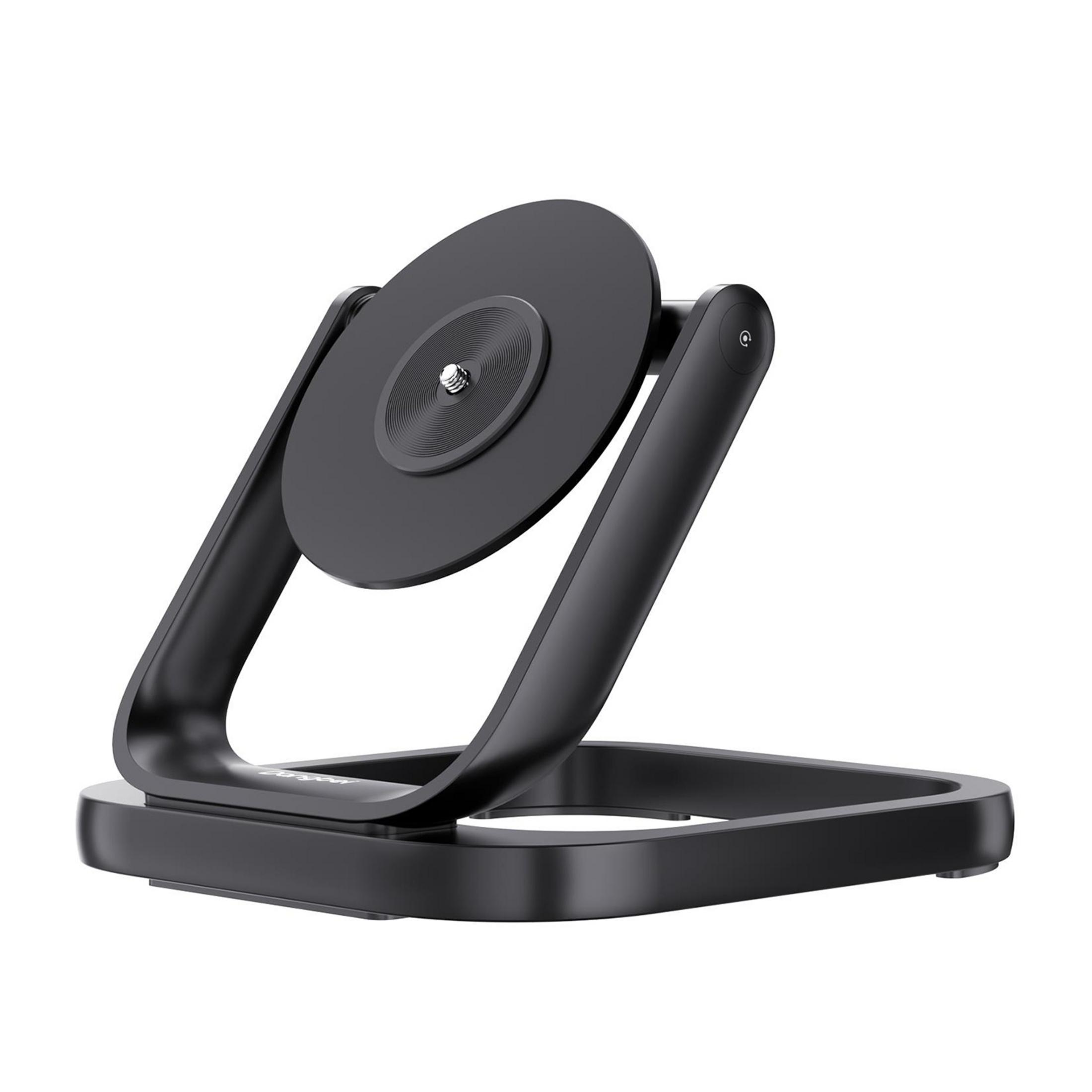 Un supporto per telefono nero con testa rotonda su base quadrata.