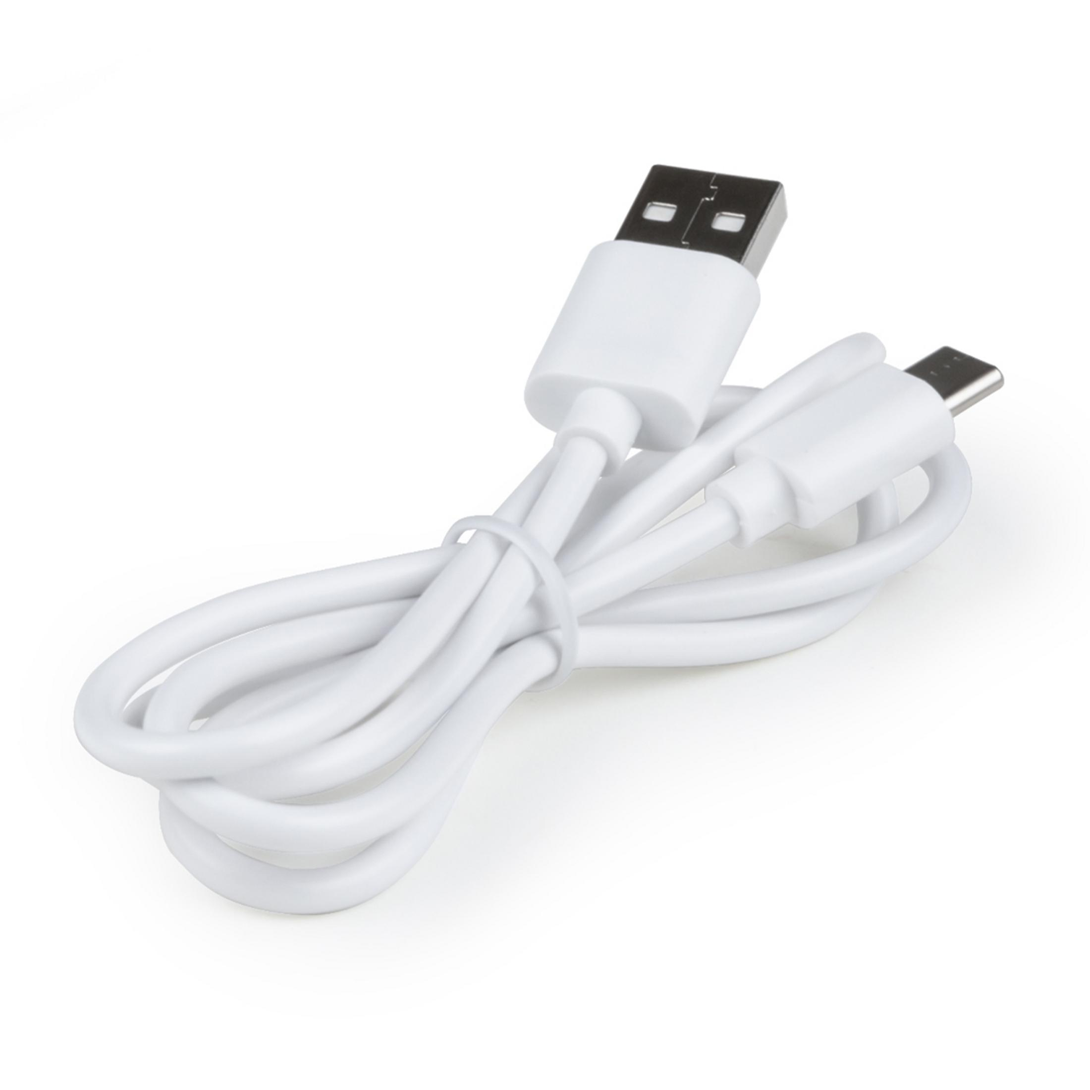 Biały kabel USB-A do USB-C, zwinięty na białym tle.