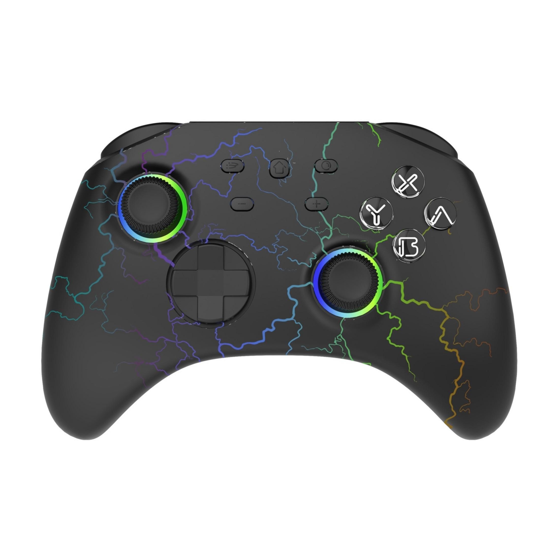Controller nero con motivo a fulmine e luci colorate.