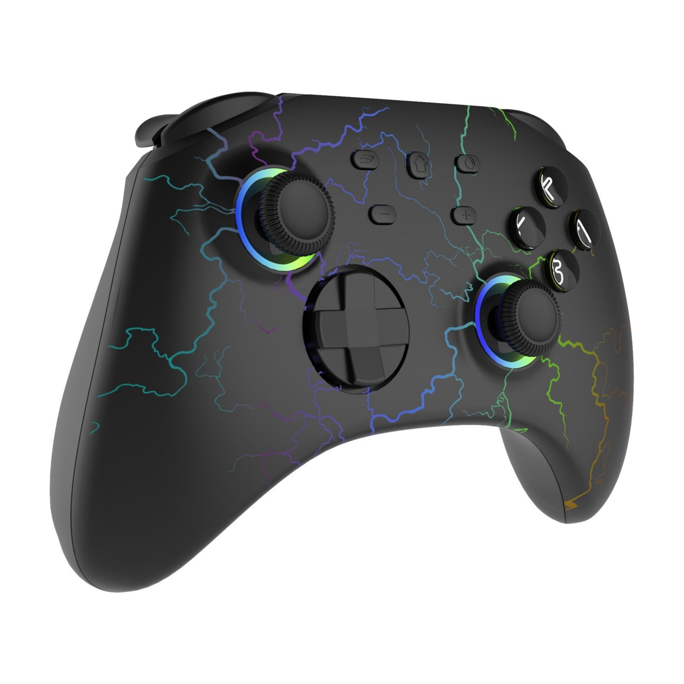 Un controller nero con motivo a fulmini colorati.