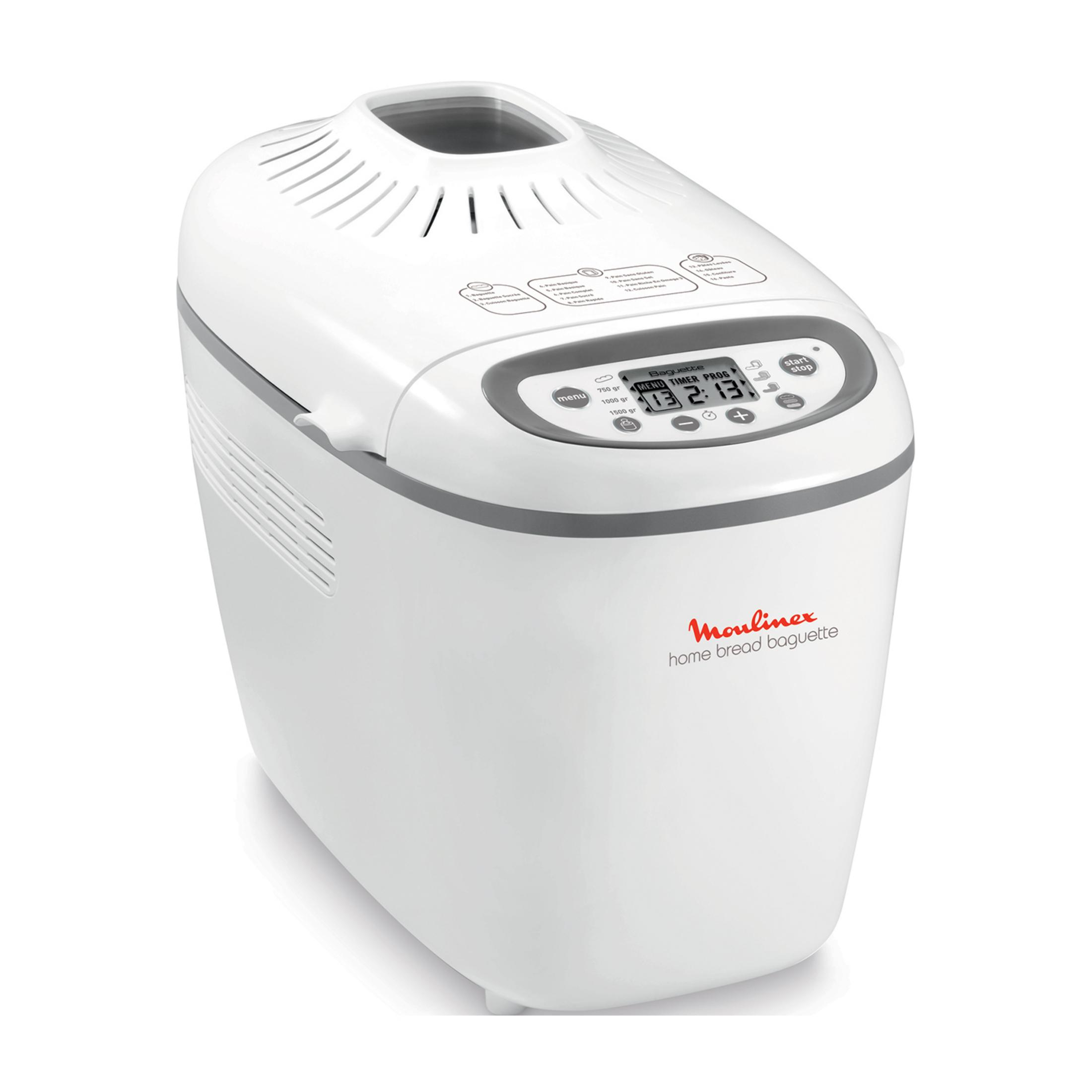 Machine à pain blanche avec panneau de commande et écran. Marque : Moulinex.