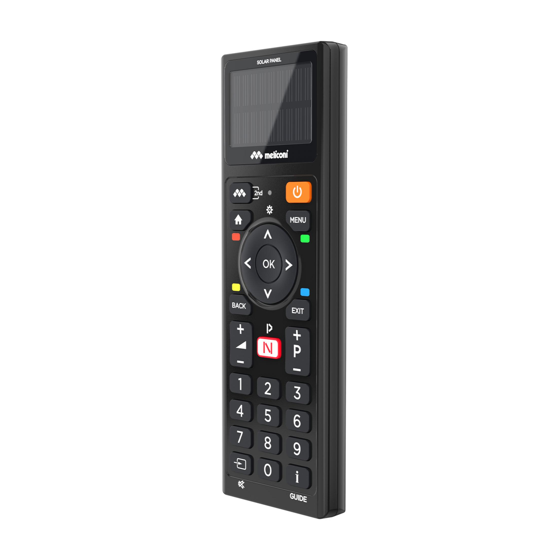 Mando a distancia negro con panel solar y teclado numérico.