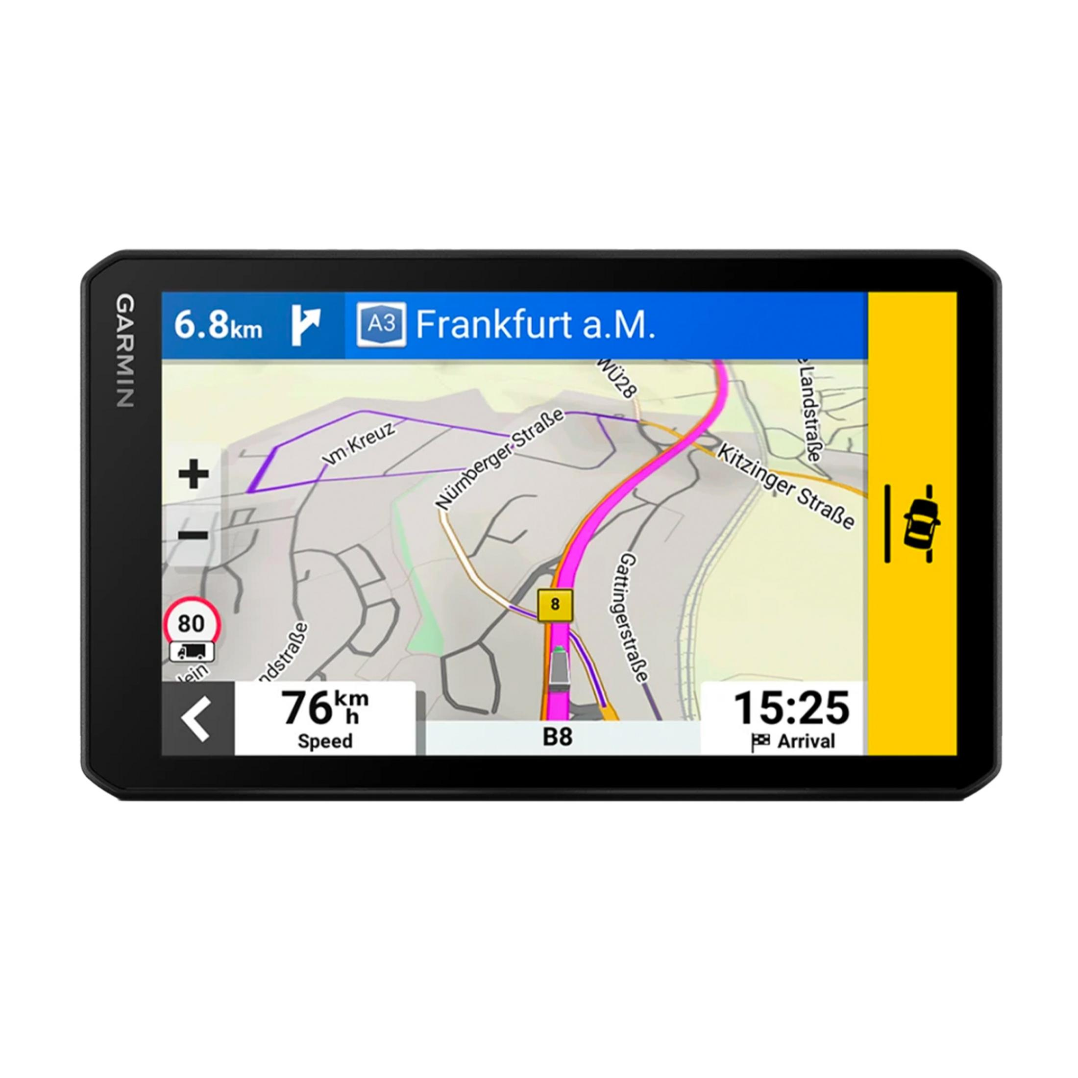 Dispositivo de navegación Garmin muestra mapa de Frankfurt a.M. con 6,8km restantes.