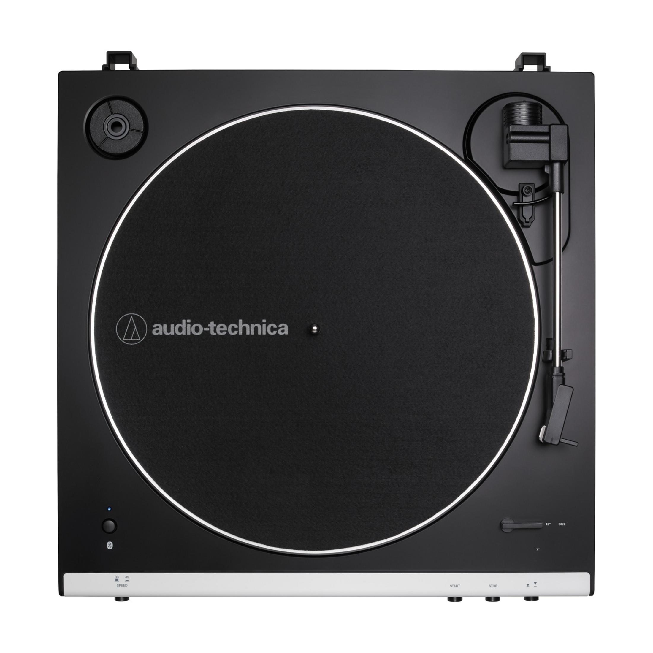 Schwarzer Plattenspieler mit Audio-Technica-Logo, Tonarm und weißer Basis.