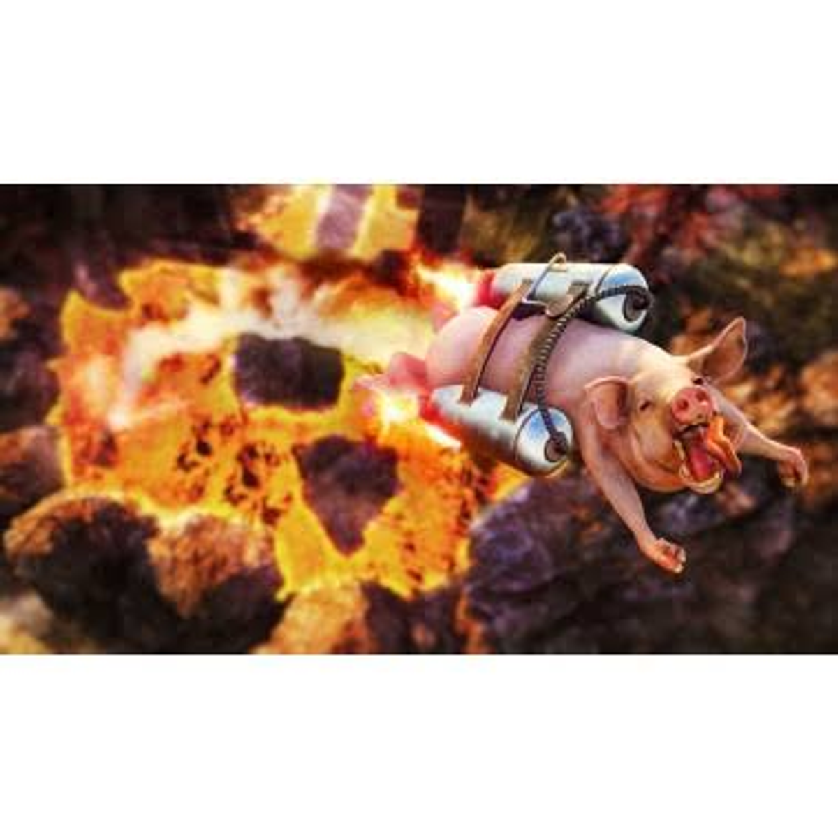Un maiale vola con un jetpack davanti a uno sfondo di fuoco.